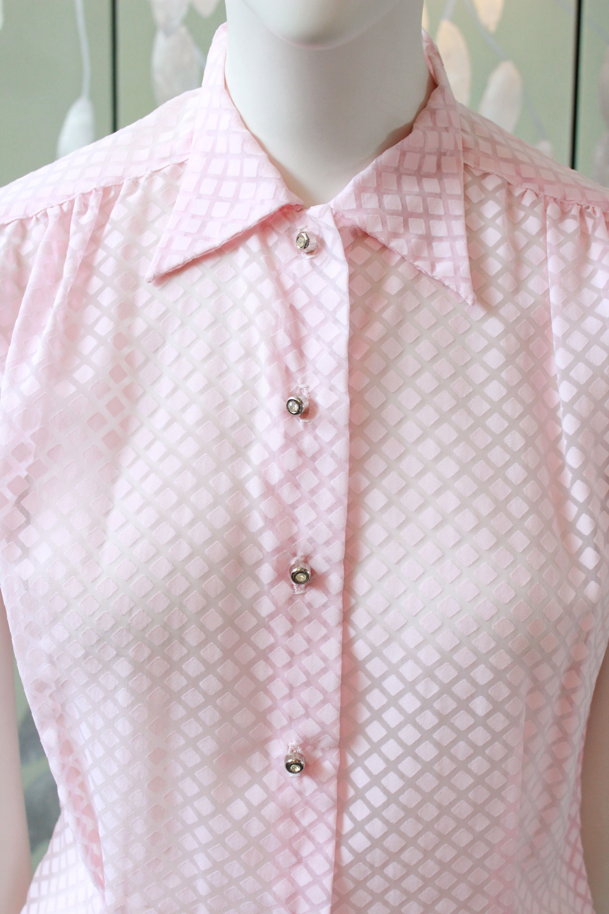 Vintage 1950s Pink Sheer Nylon Button up Short Sleeve Blouse, XS