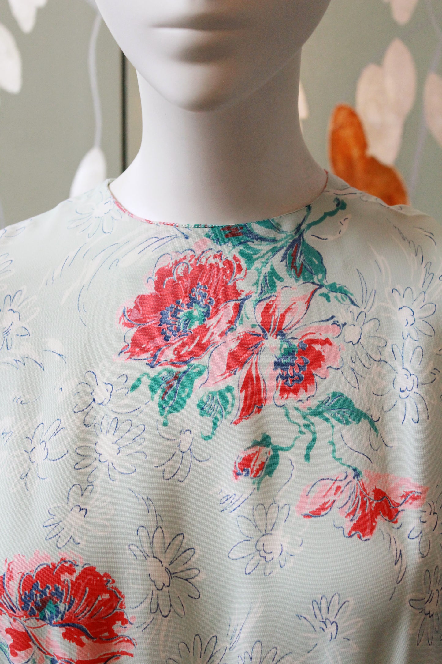 1940s  Pastel Teal Rayon Dress With Coral Flowers, Small/Medium 