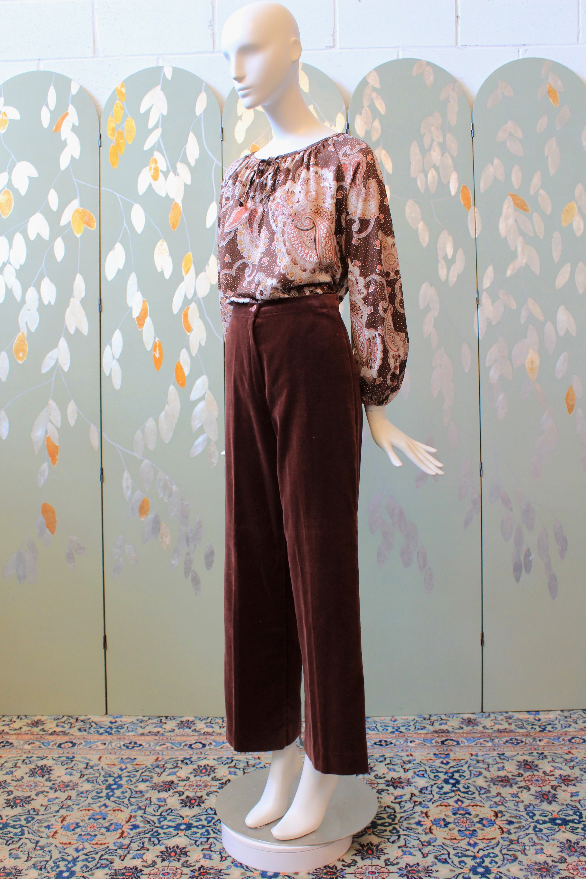 1970s Brown Velvet High Waisted Wide Leg Pants, XS