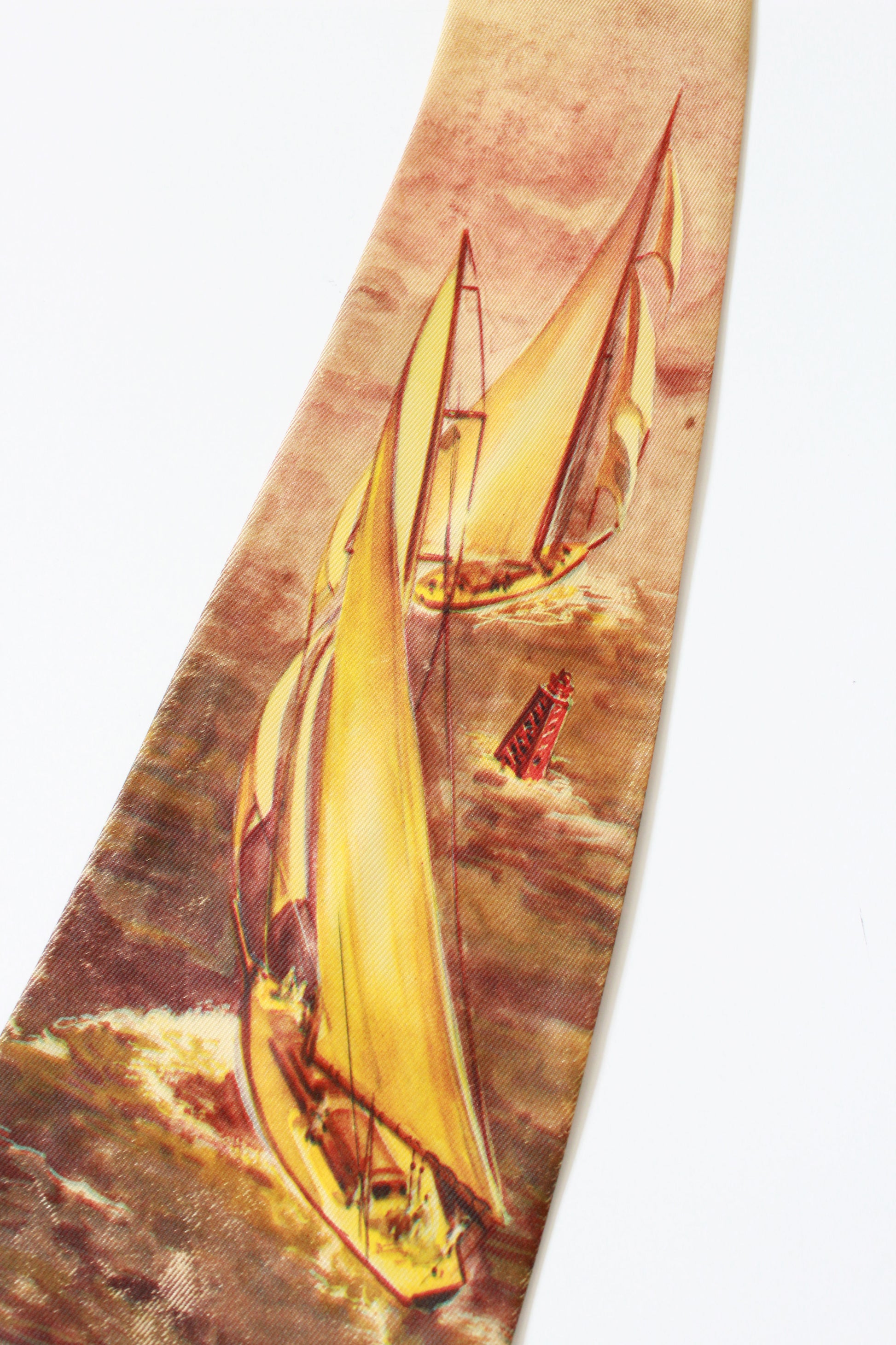 Vintage 1950s Photo Print Tie With Yellow Ships in Rayon, Mid Century