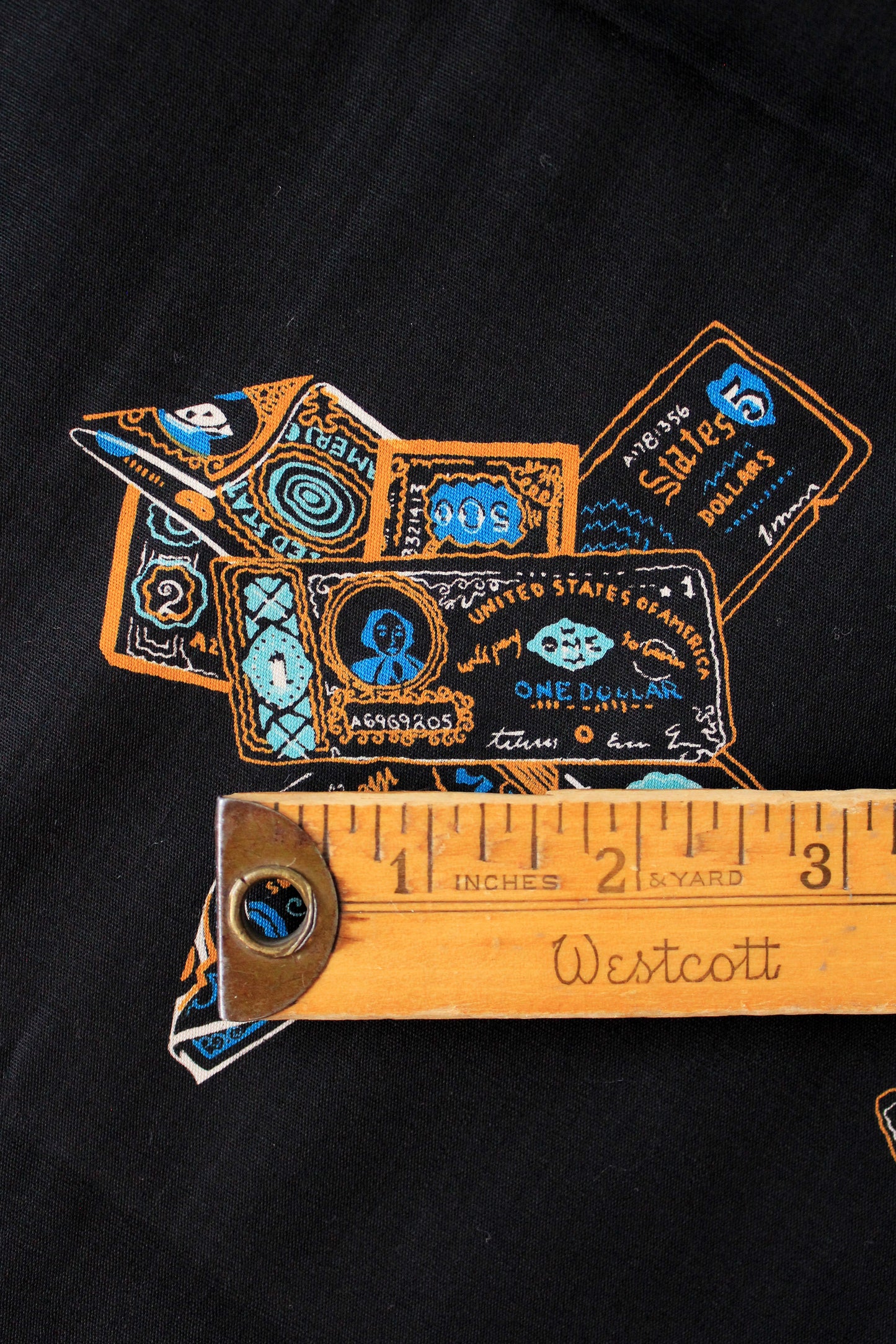 Vintage 1970s Black Cotton Fabric With Novelty USA Dollar Bill Money Print, 4.1 Yards