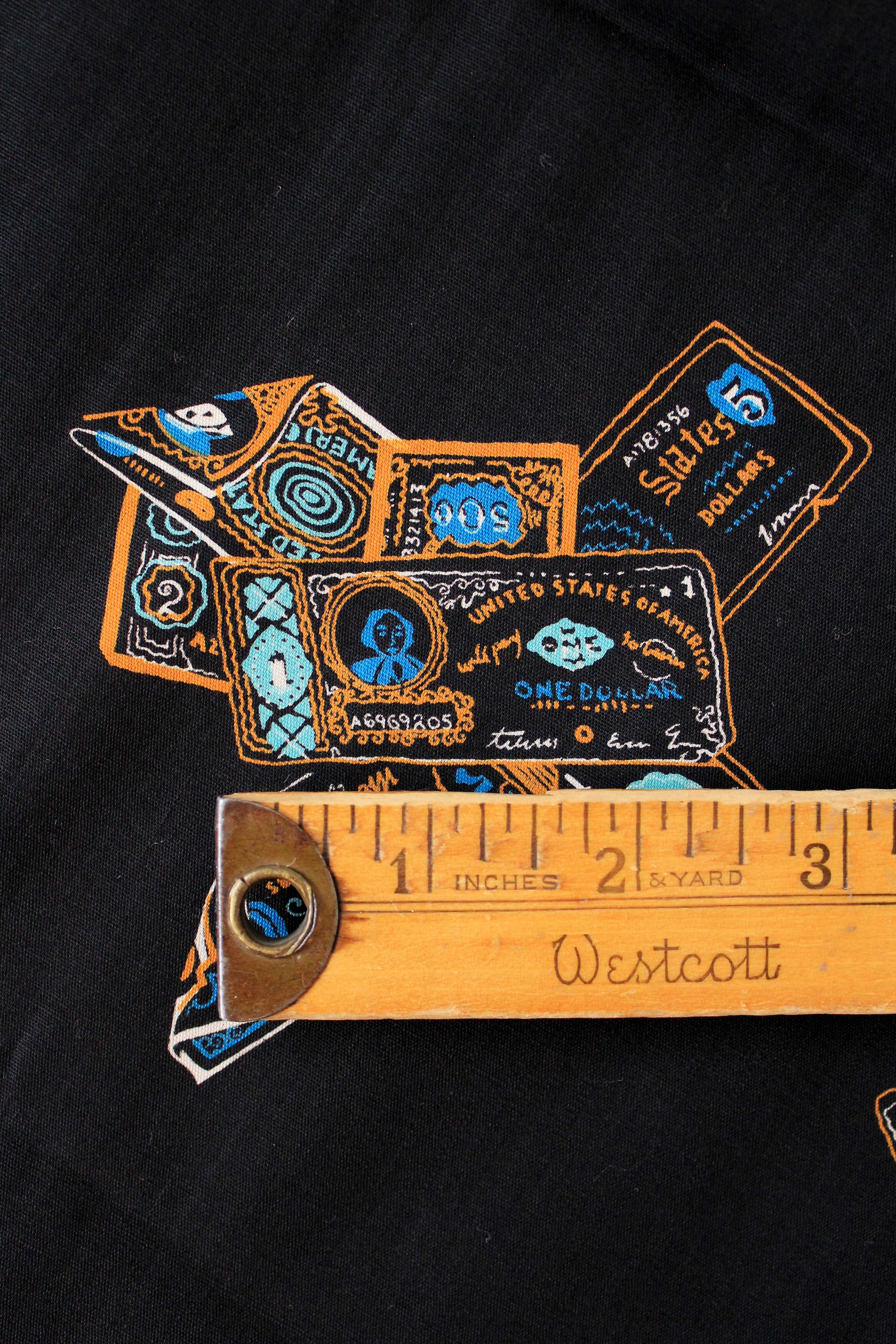 Vintage 1970s Black Cotton Fabric With Novelty USA Dollar Bill Money Print, 4.1 Yards