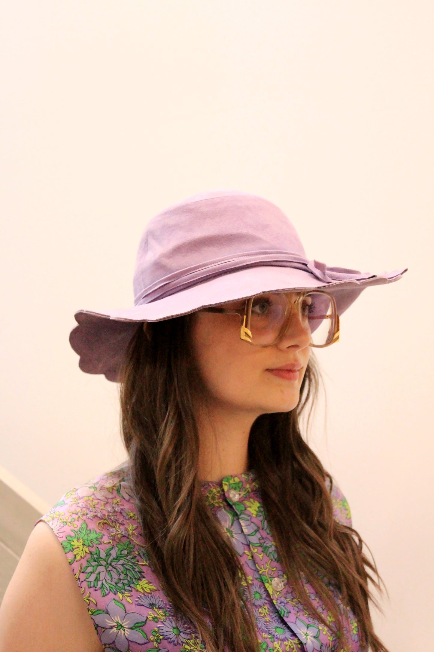 Vintage 1970s Purple Suede Scallop Edge Wide Brim Hat, Small  