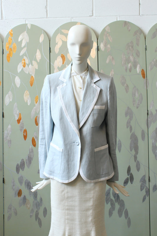1980s Carven Light Blue With White Trim Linen Designer Blazer, Medium