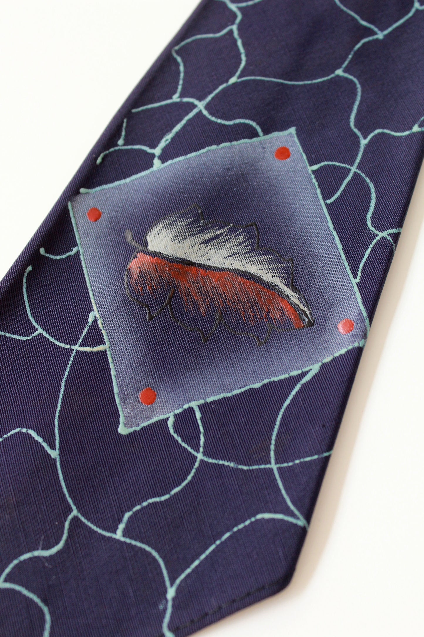 Vintage Late 1940s Hand Painted Rayon Blue Leaf Tie