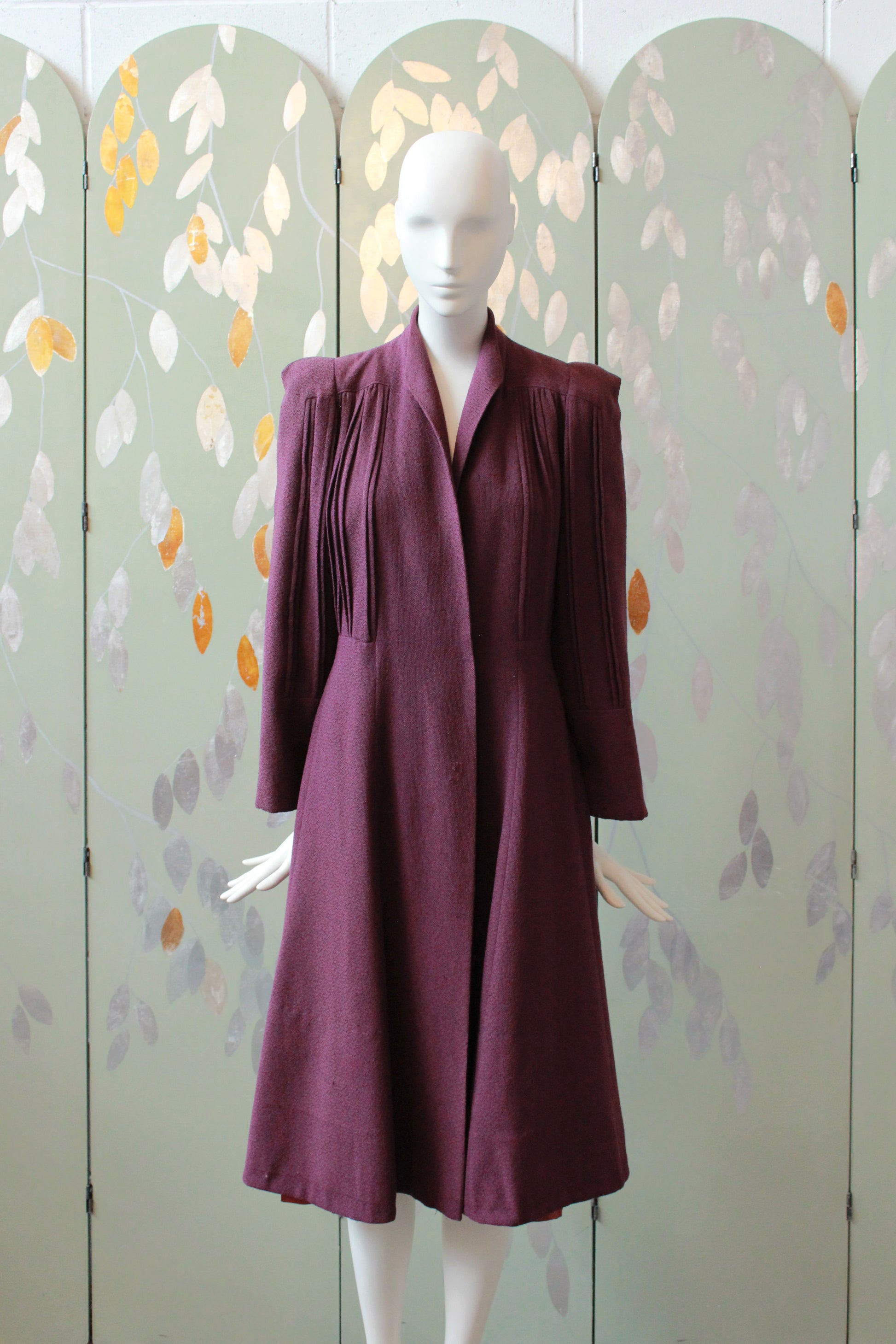 1940s Plum Flared Coat With Pleating And Bell Sleeves , Small 