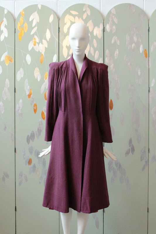 1940s Plum Flared Coat With Pleating And Bell Sleeves , Small 