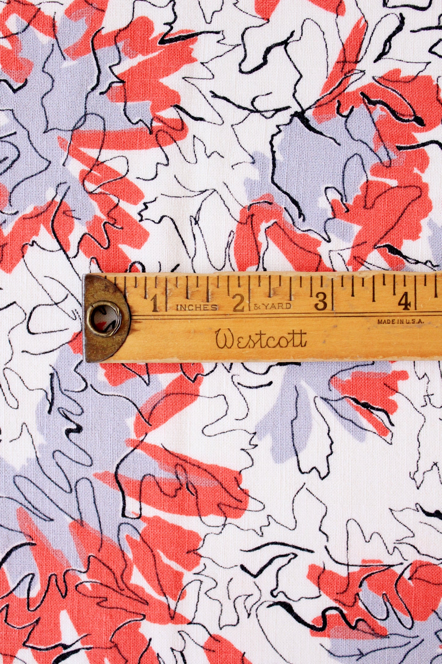 1950s Coral And White Abstract Rayon Fabric, 3 yards
