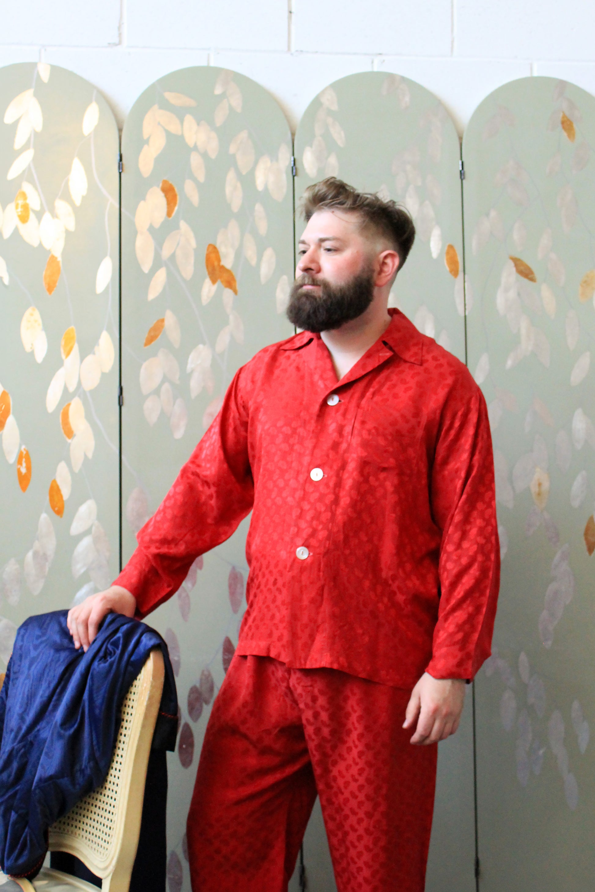 Vintage 1950s Men's Red Satin Damask Pyjama Set, Large 