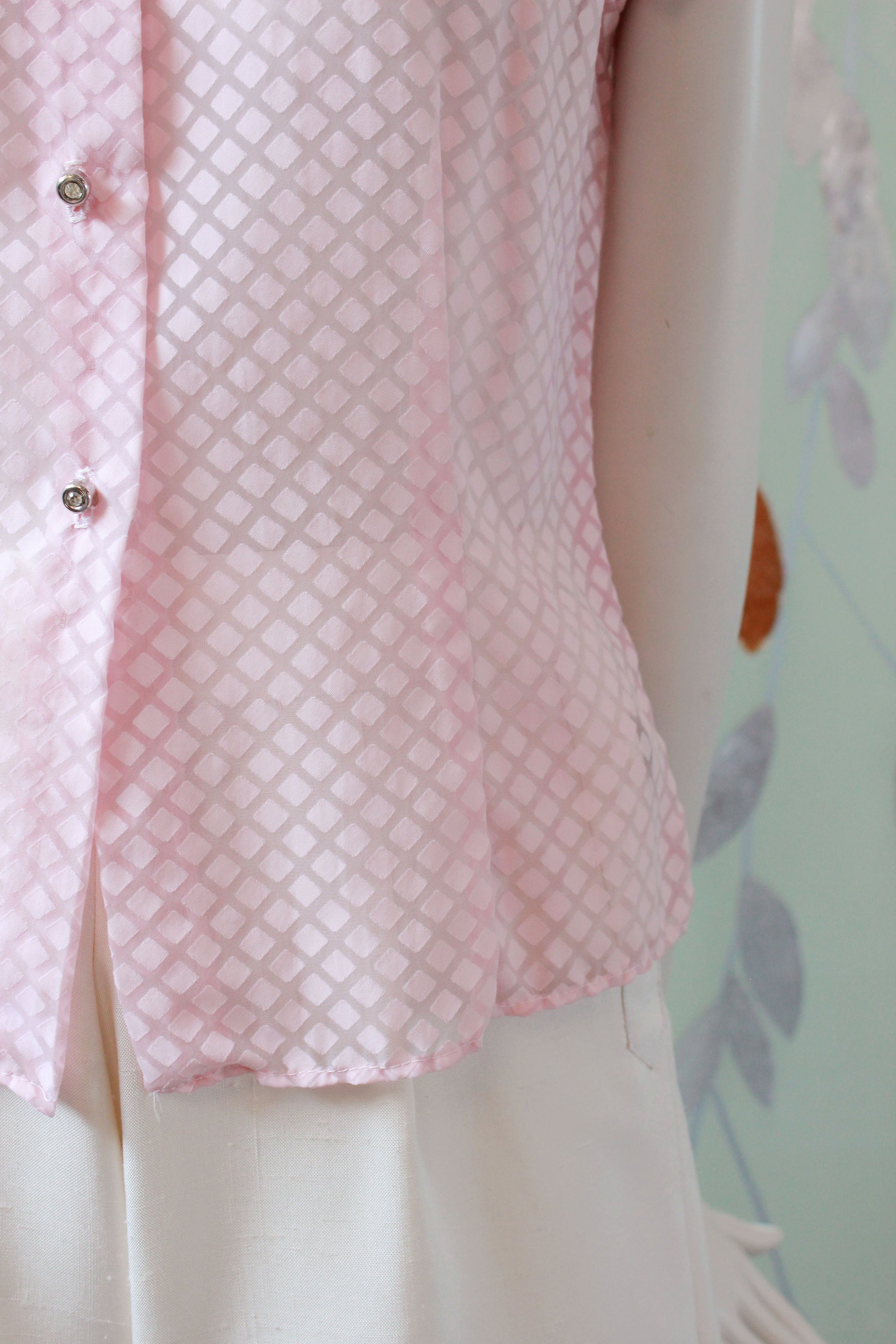 Vintage 1950s Pink Sheer Nylon Button up Short Sleeve Blouse, XS