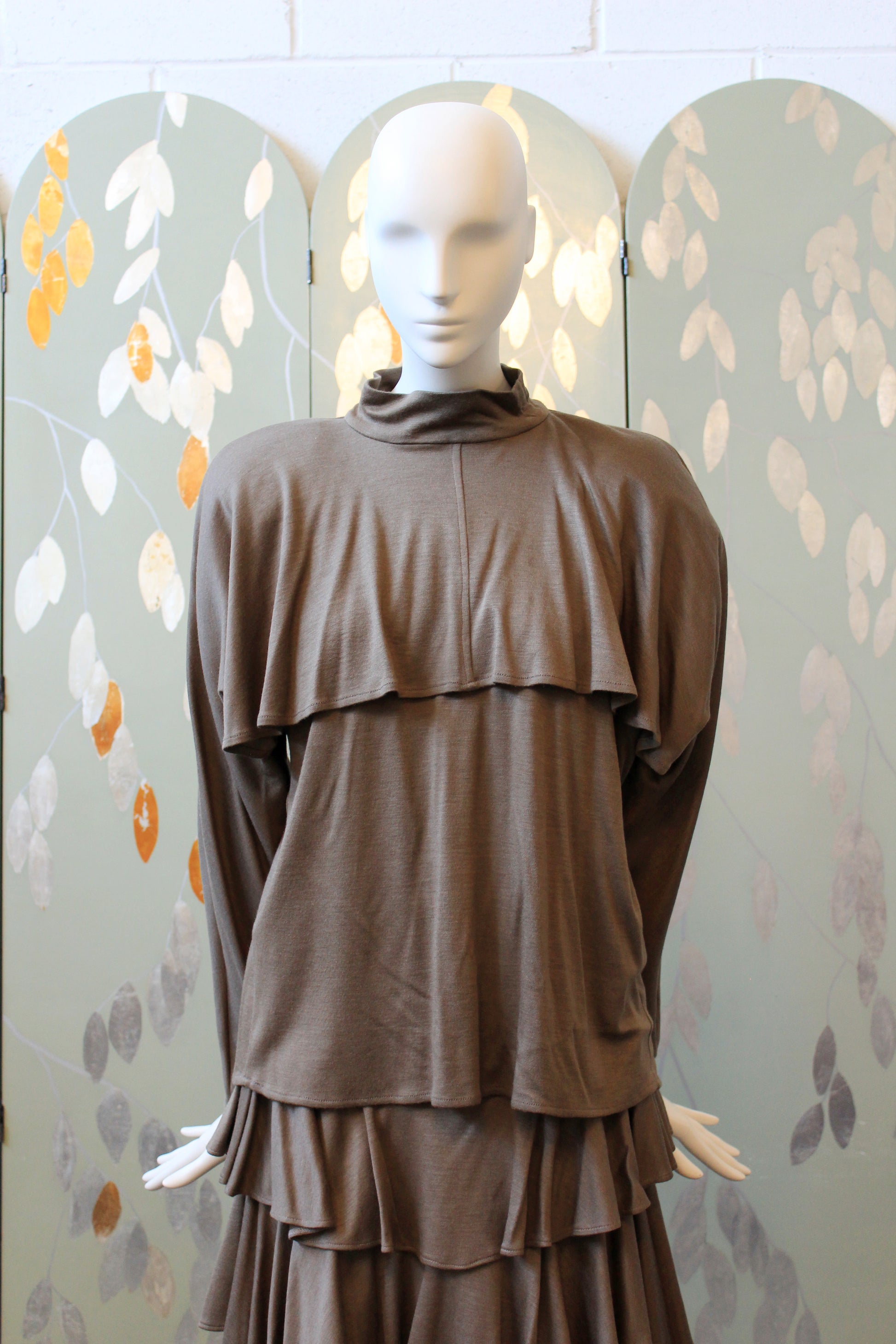 1980s Mariola Mayer Dark Taupe 3PC, Ruffle Skirt/Top/Jacket Matching Set, Small/Medium