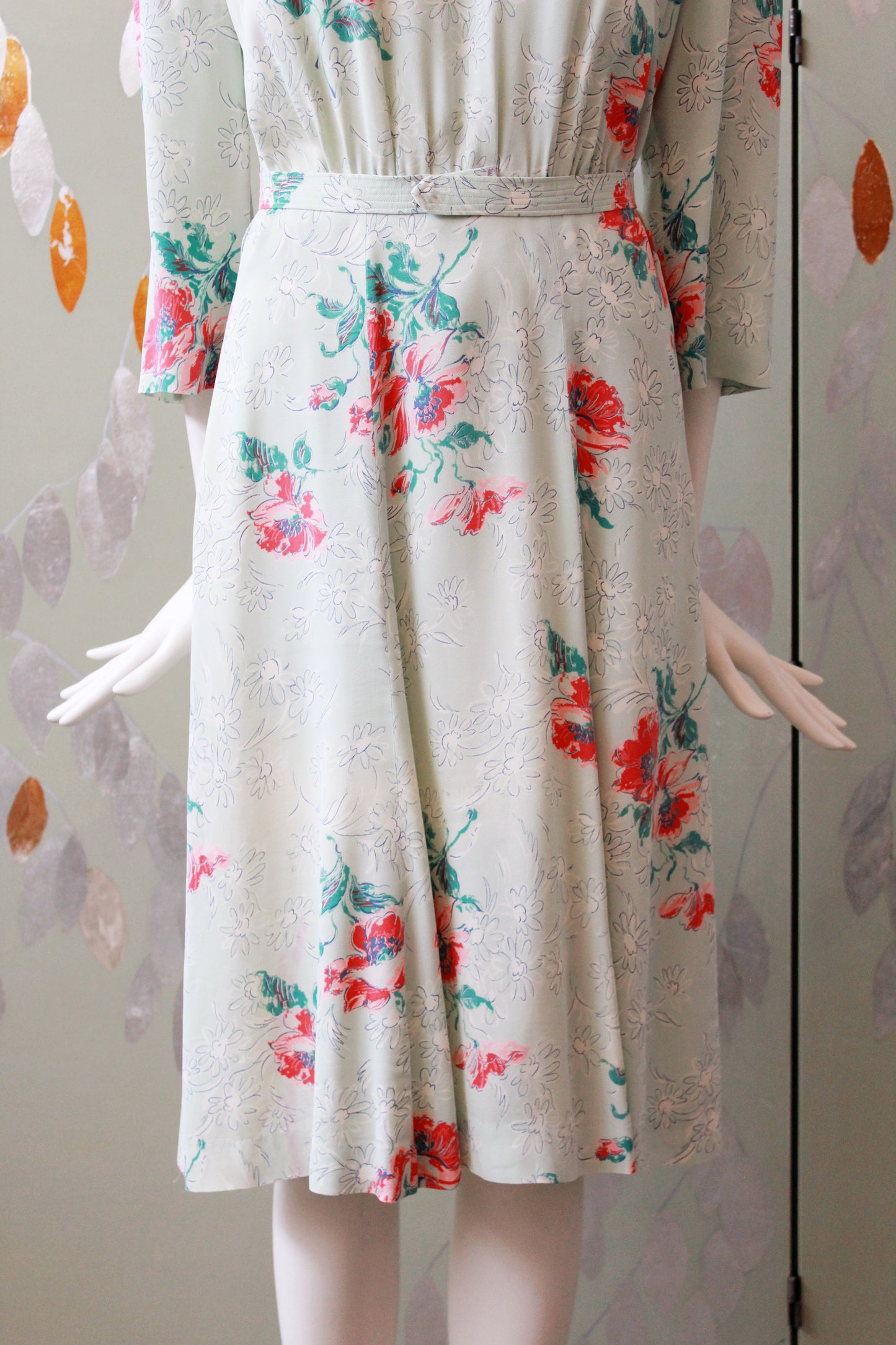 1940s  Pastel Teal Rayon Dress With Coral Flowers, Small/Medium 
