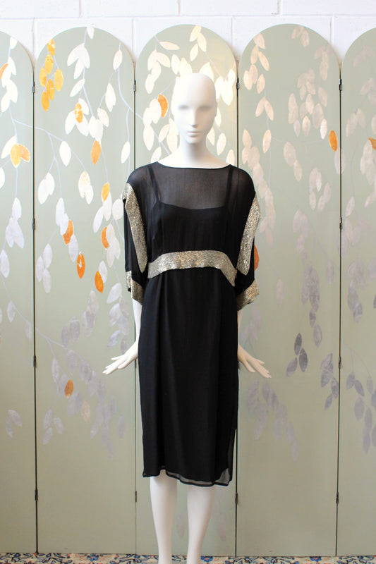 Vintage 1980s Chloé Black Silk Beaded Jacket Top and Dress Set, Medium