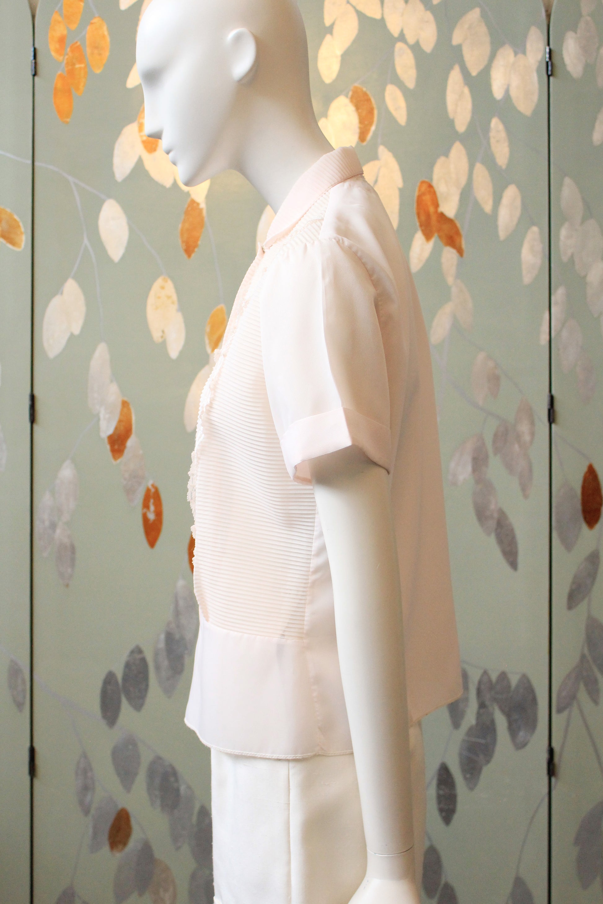 Vintage 1950s Light Pink Nylon Short Sleeve Blouse With Pintucks, M