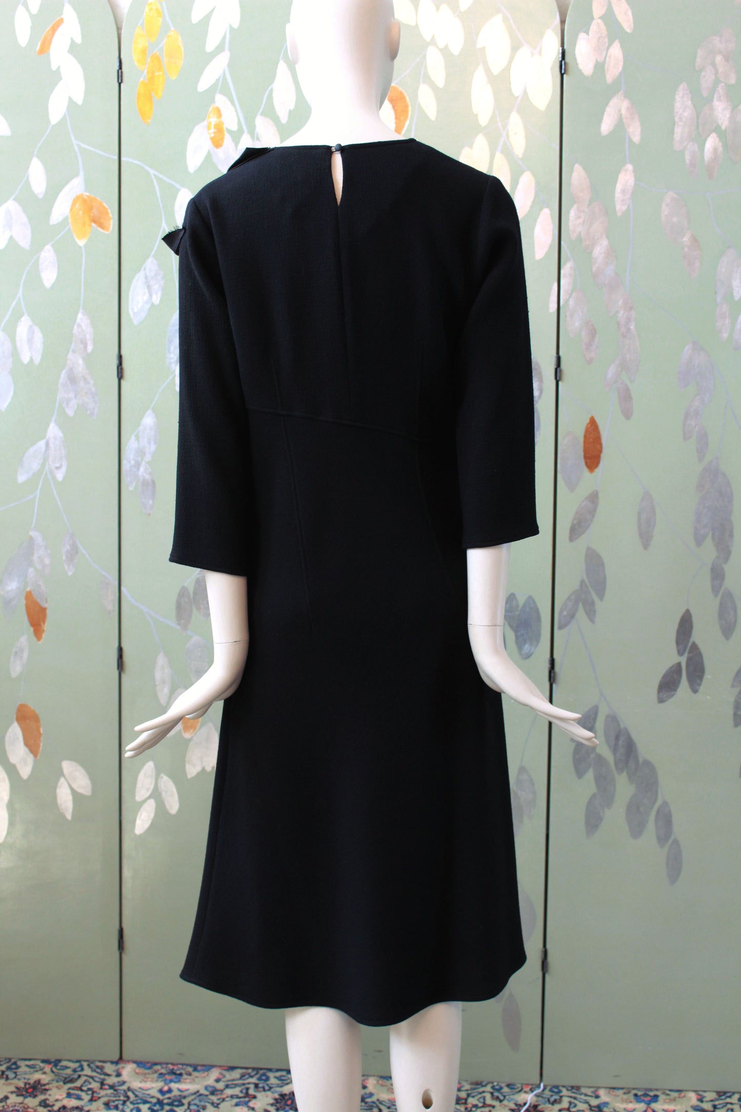 Vintage 1990s Black 3/4 Sleeve Wool Dress With Flower Detail, Rickie Freeman for Toni Jon, Medium