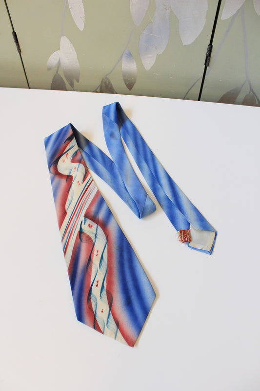 Vintage 1950s Blue/Red/White Abstract Hand-Painted Tie