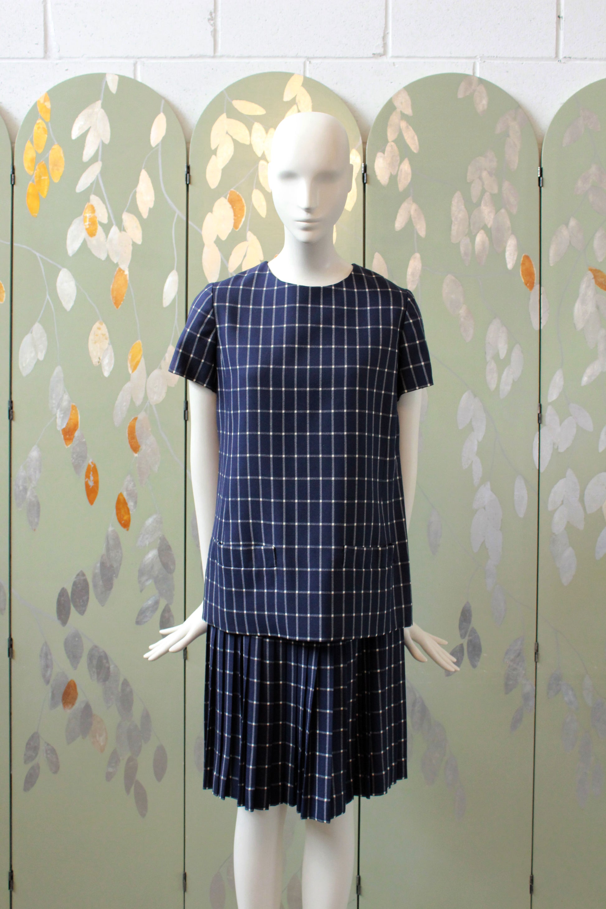 Vintage 1960s Drop Waist Matching Set In A Blue Grid Check Plaid, Small