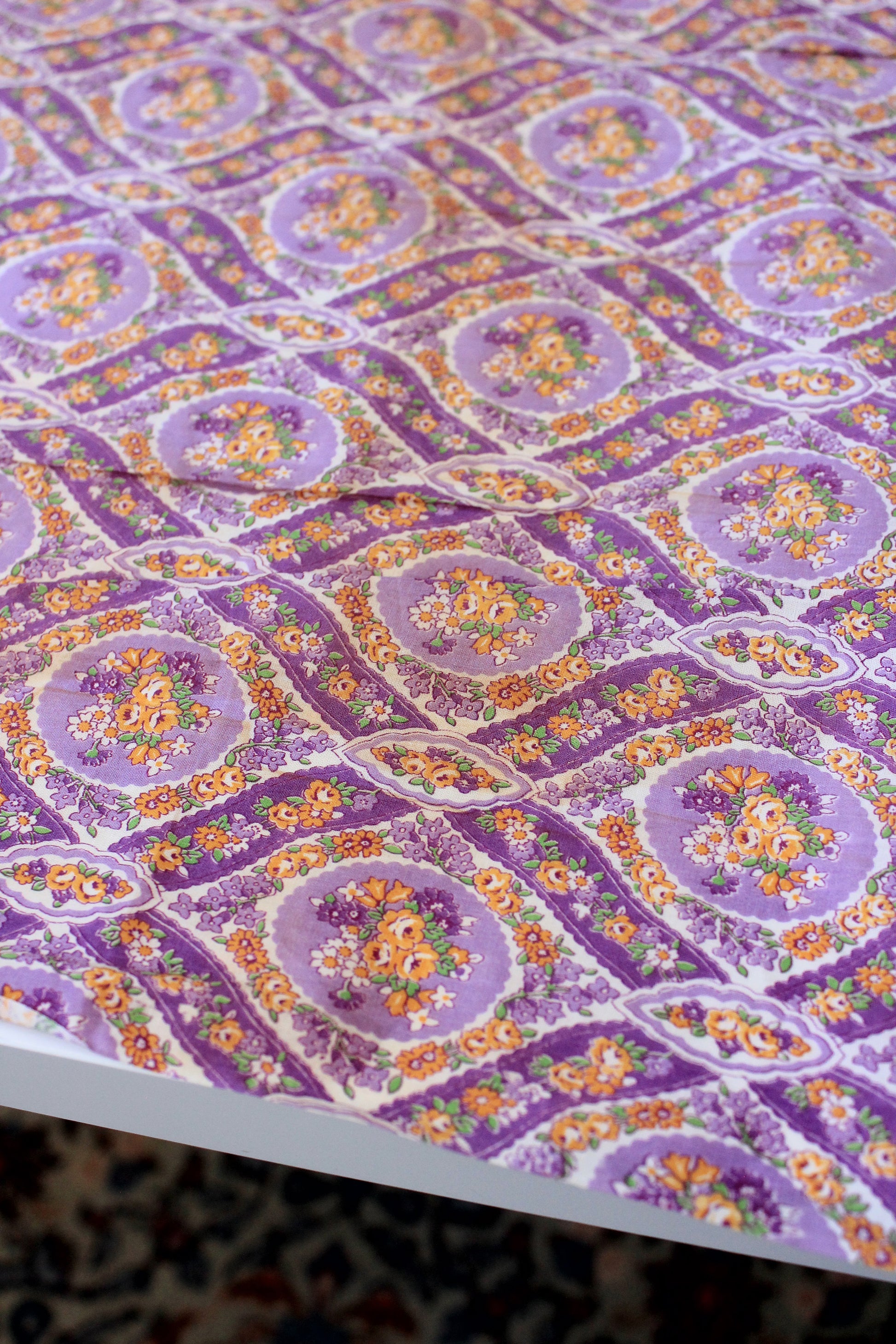 1930s Purple Cotton Sewing Fabric With Orange Flowers , 3.4 Yards