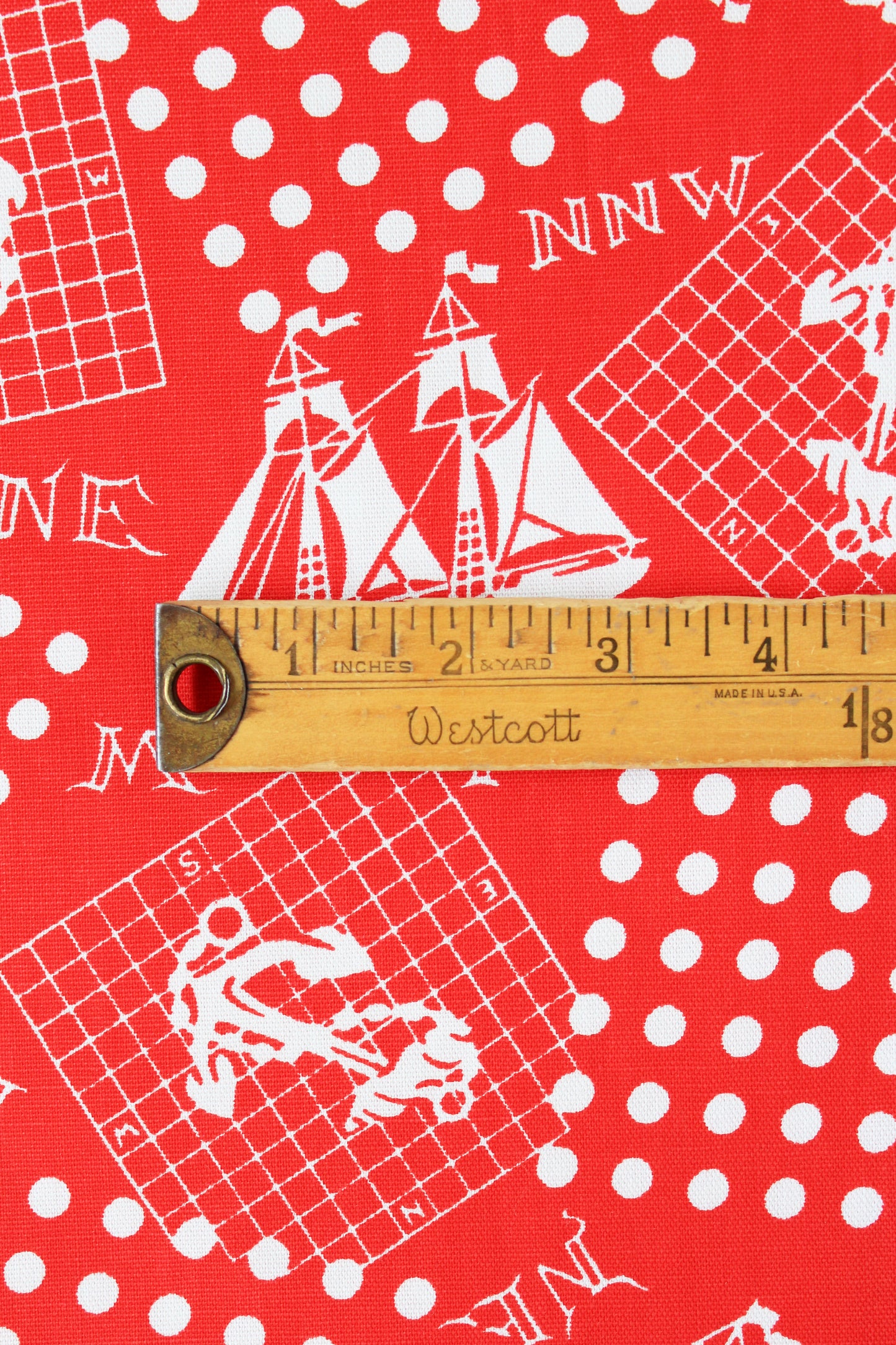 1980s Red And White Sailboat/Anchor Nautical Cotton Vintage Print Fabric, 4 Yards