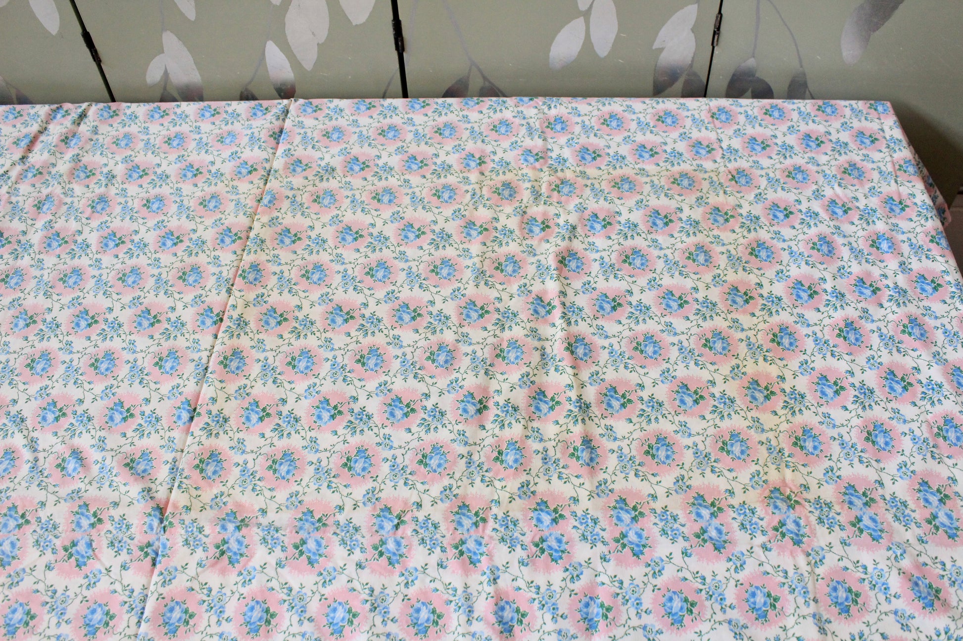 1950s Light Blue And Pink Floral Cotton Duvet Cover, 4.4 Yards Of Fabric