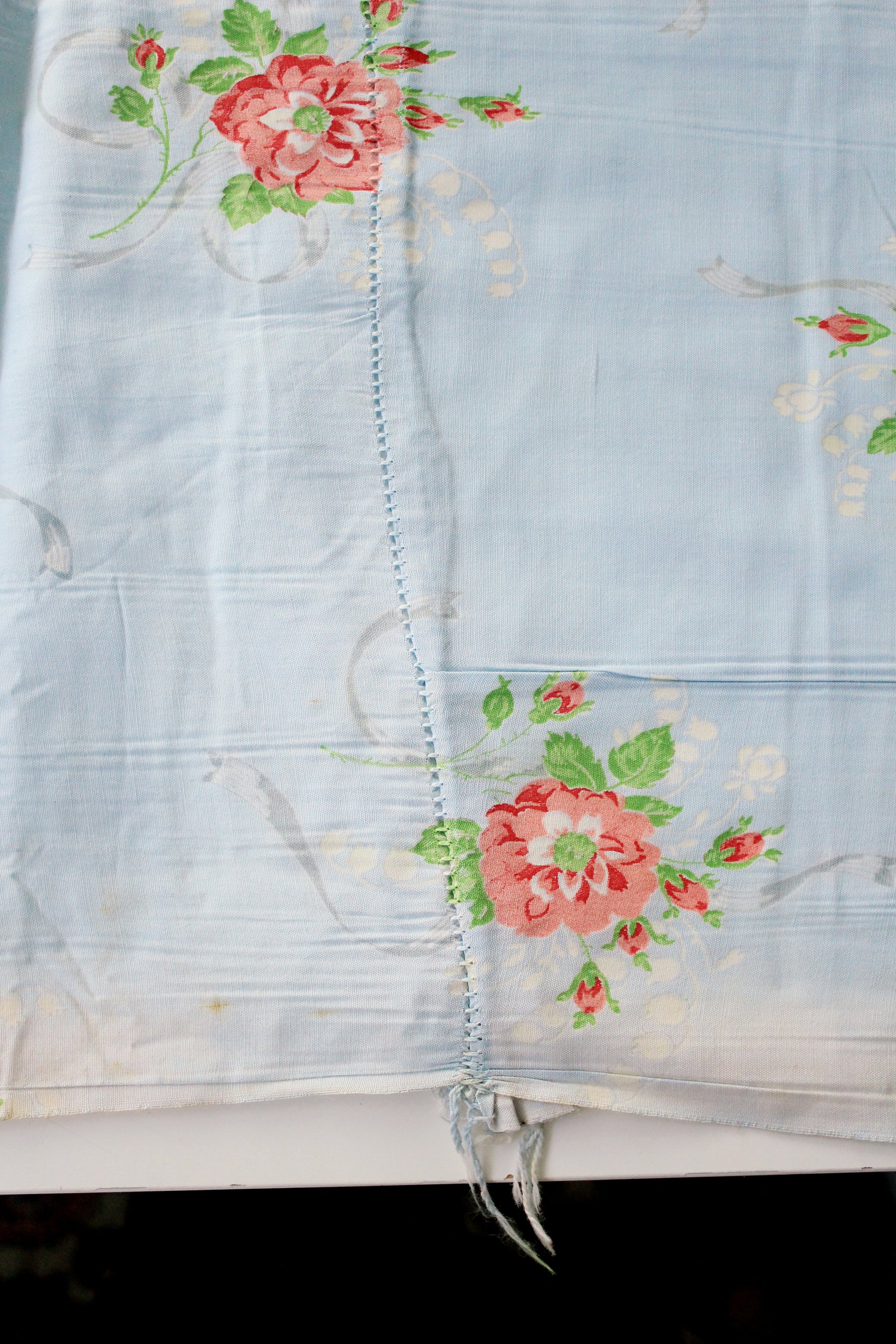 1940s Light Blue Cotton Fabric With Pink Flowers, 9 Yards