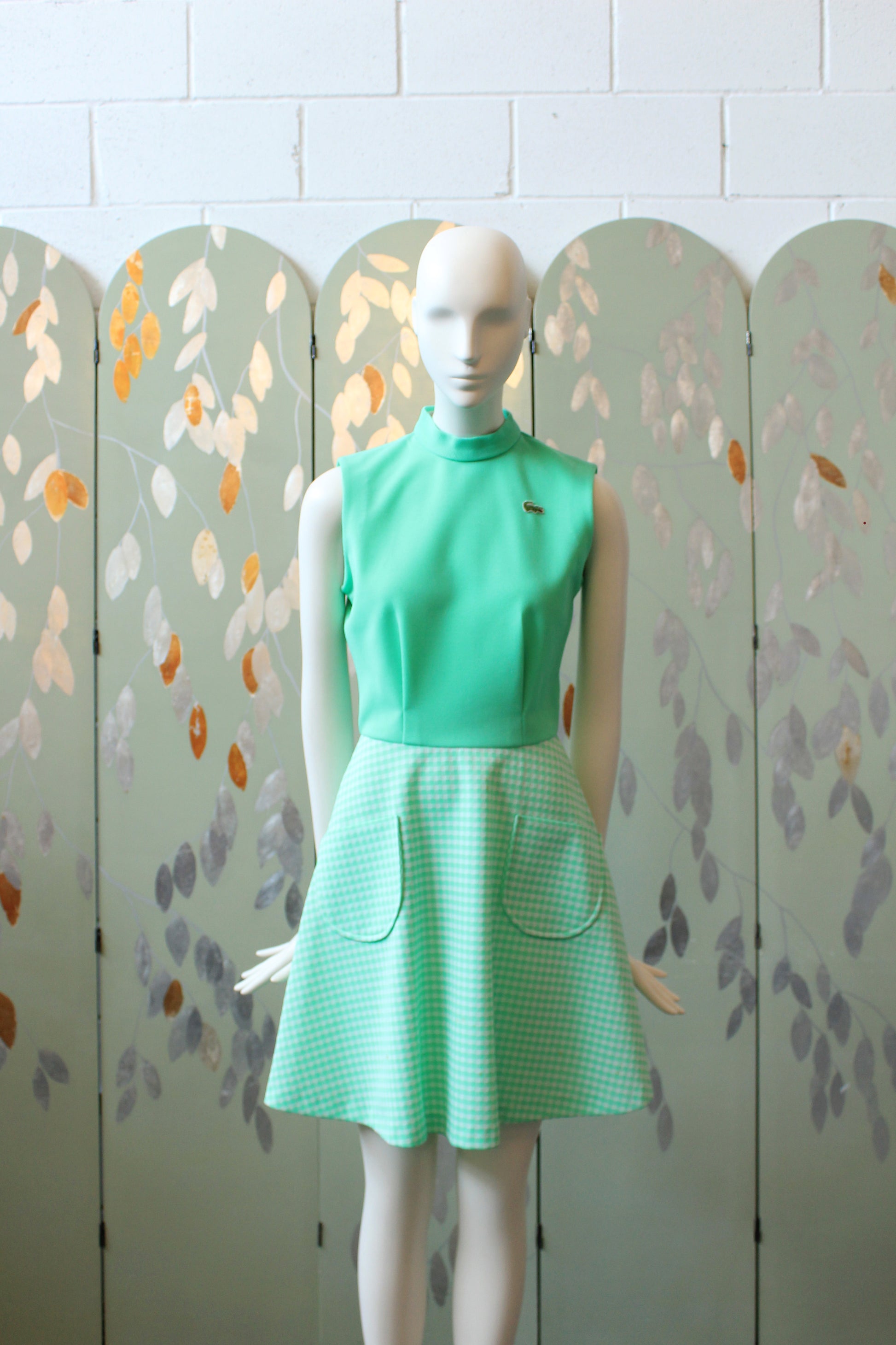 1970s Lacoste Bright Green Sleeveless Tennis Dress With Flared Gingham Skirt, Small