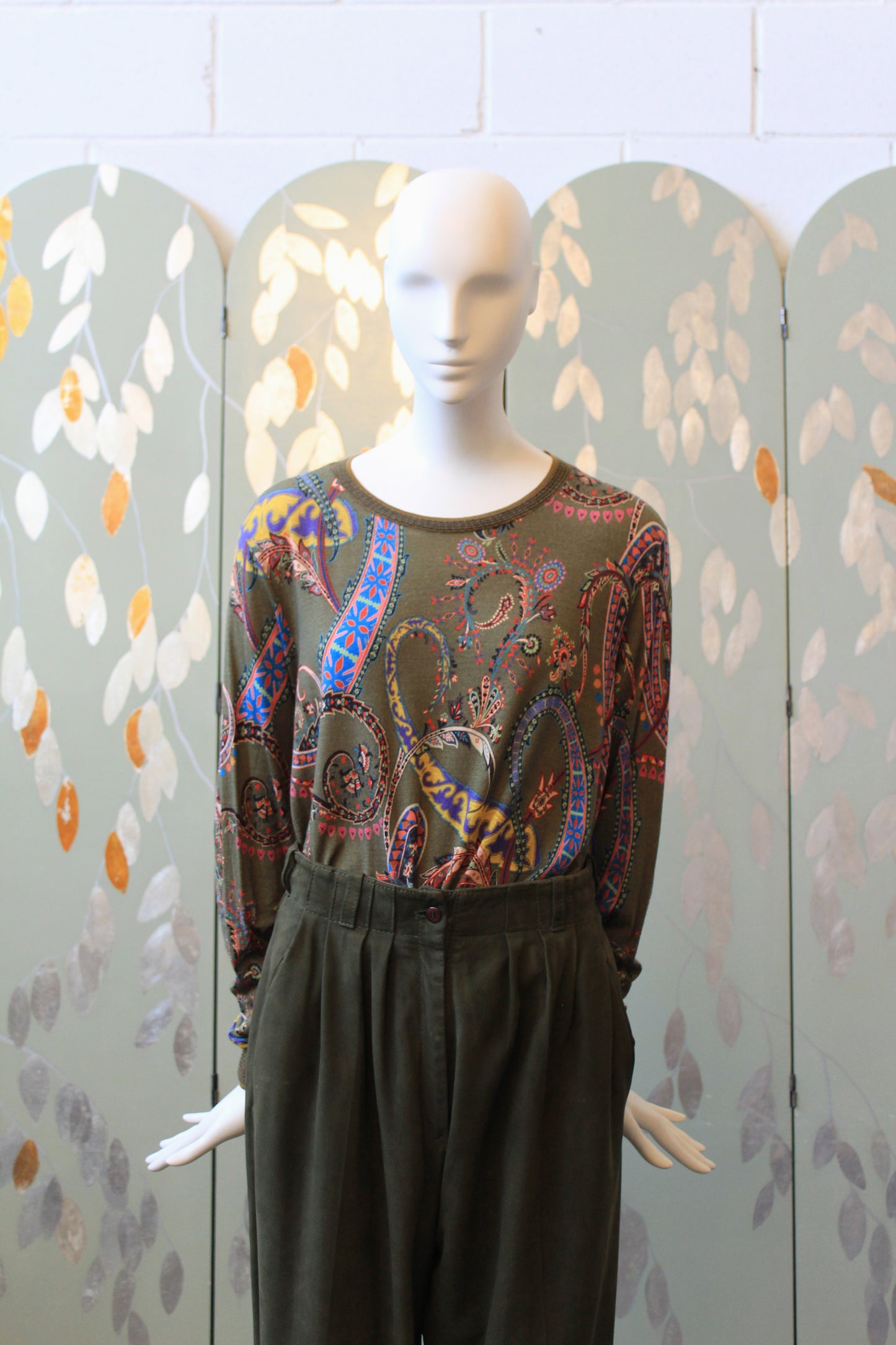 Early 2000s Olive Green Etro Long Sleeve Paisley Print Cotton Long Sleeve Top, Large