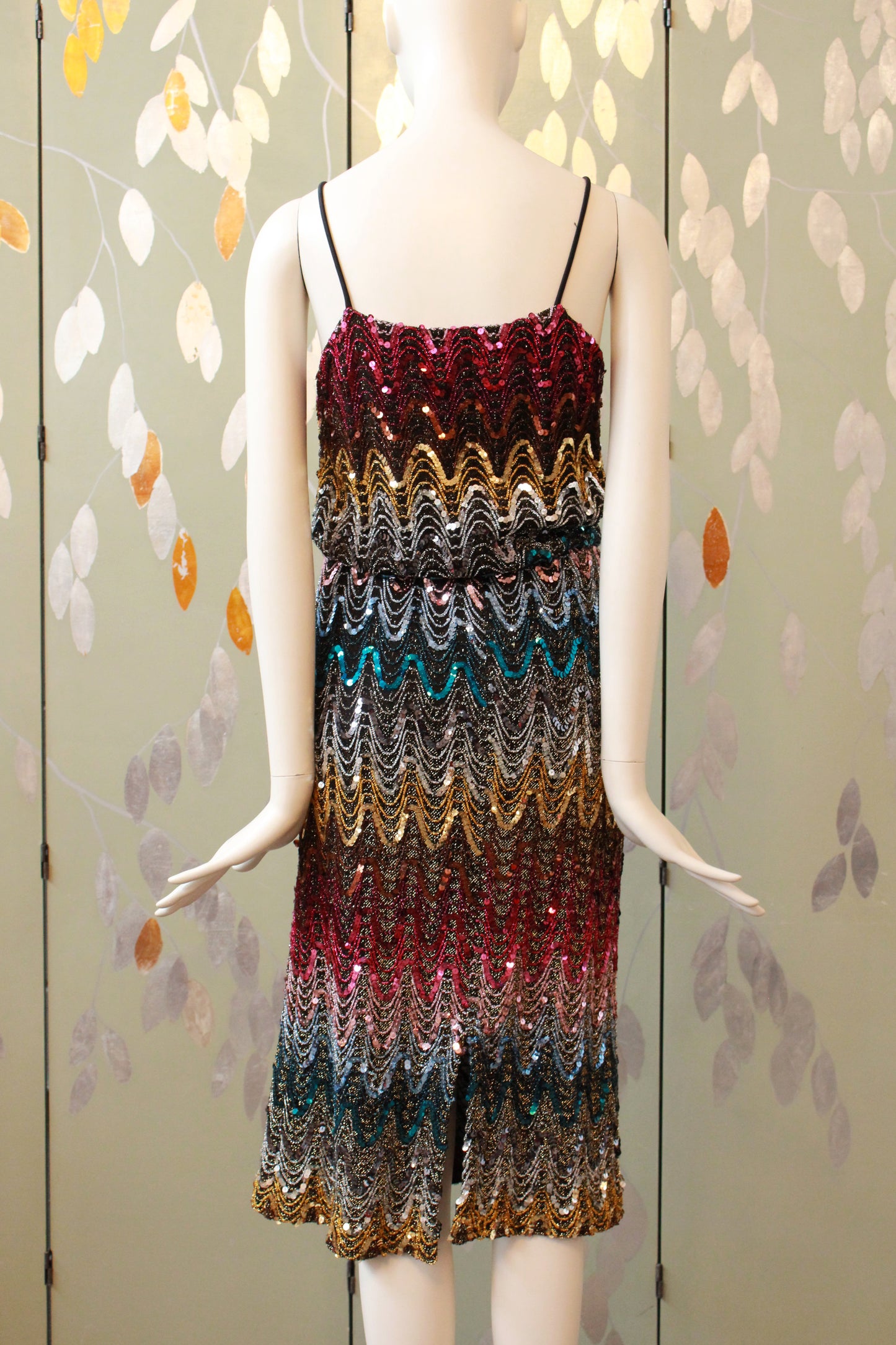 Vintage 1970s Sparkly Sequin Rainbow Spaghetti Strap Disco Dress, XS