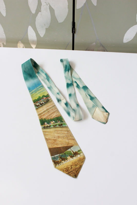 Vintage 1950s Rayon Horse Race Photo Print Tie, Mid Century 