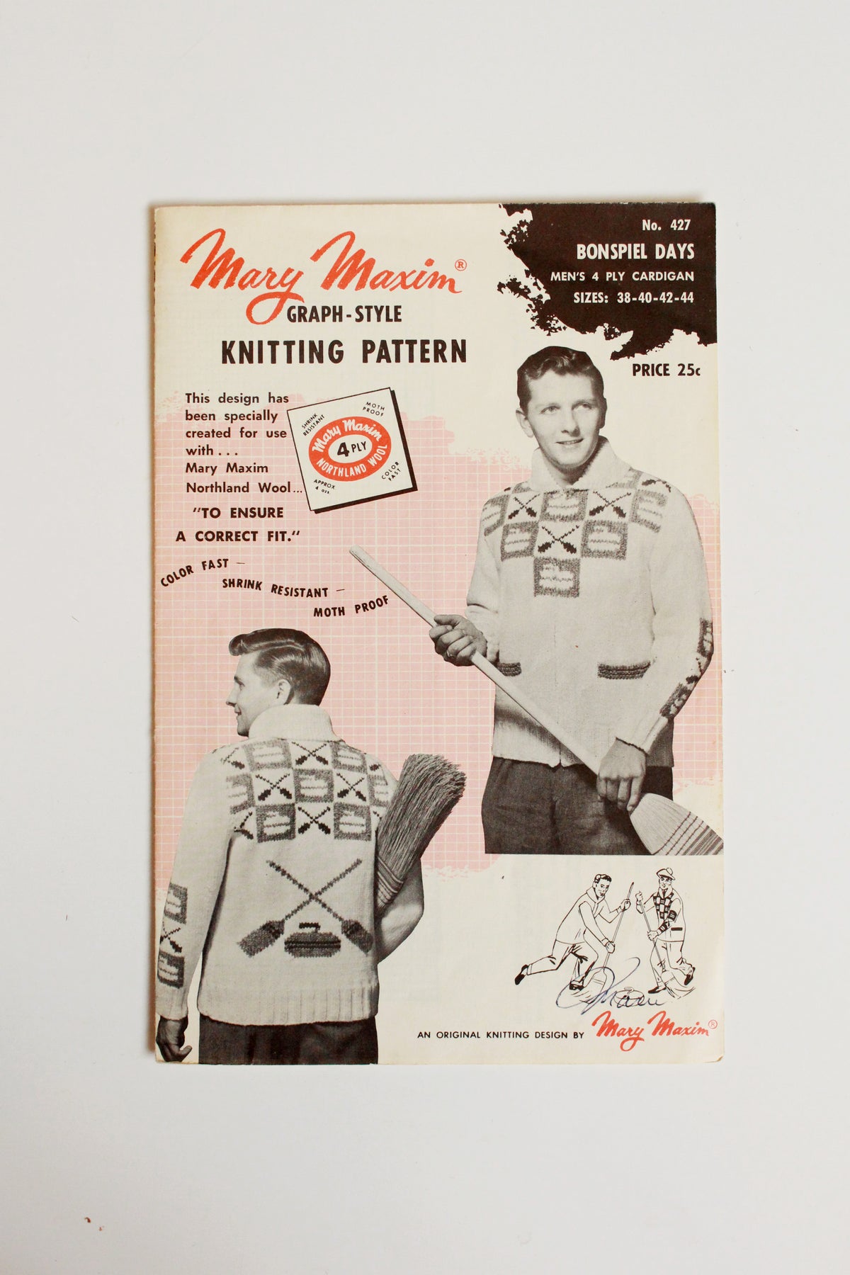 1950s Mary Maxim Mens 4 ply Kitting Pattern 427, Curling Cardigan