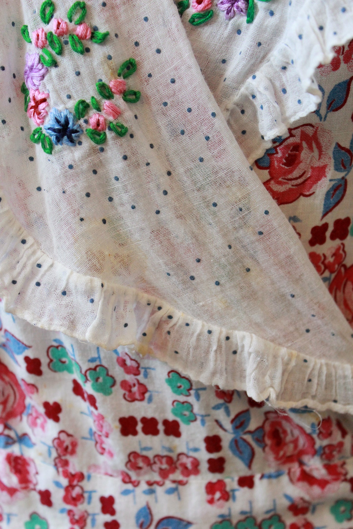 1940s  Floral Cotton Wrap House Dress With Embroidery, Medium