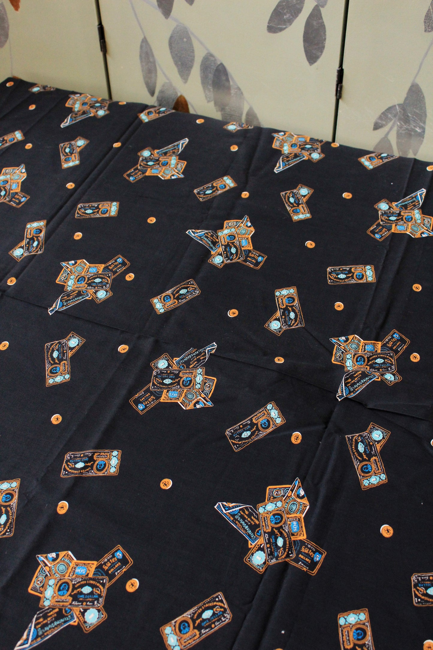 Vintage 1970s Black Cotton Fabric With Novelty USA Dollar Bill Money Print, 4.1 Yards
