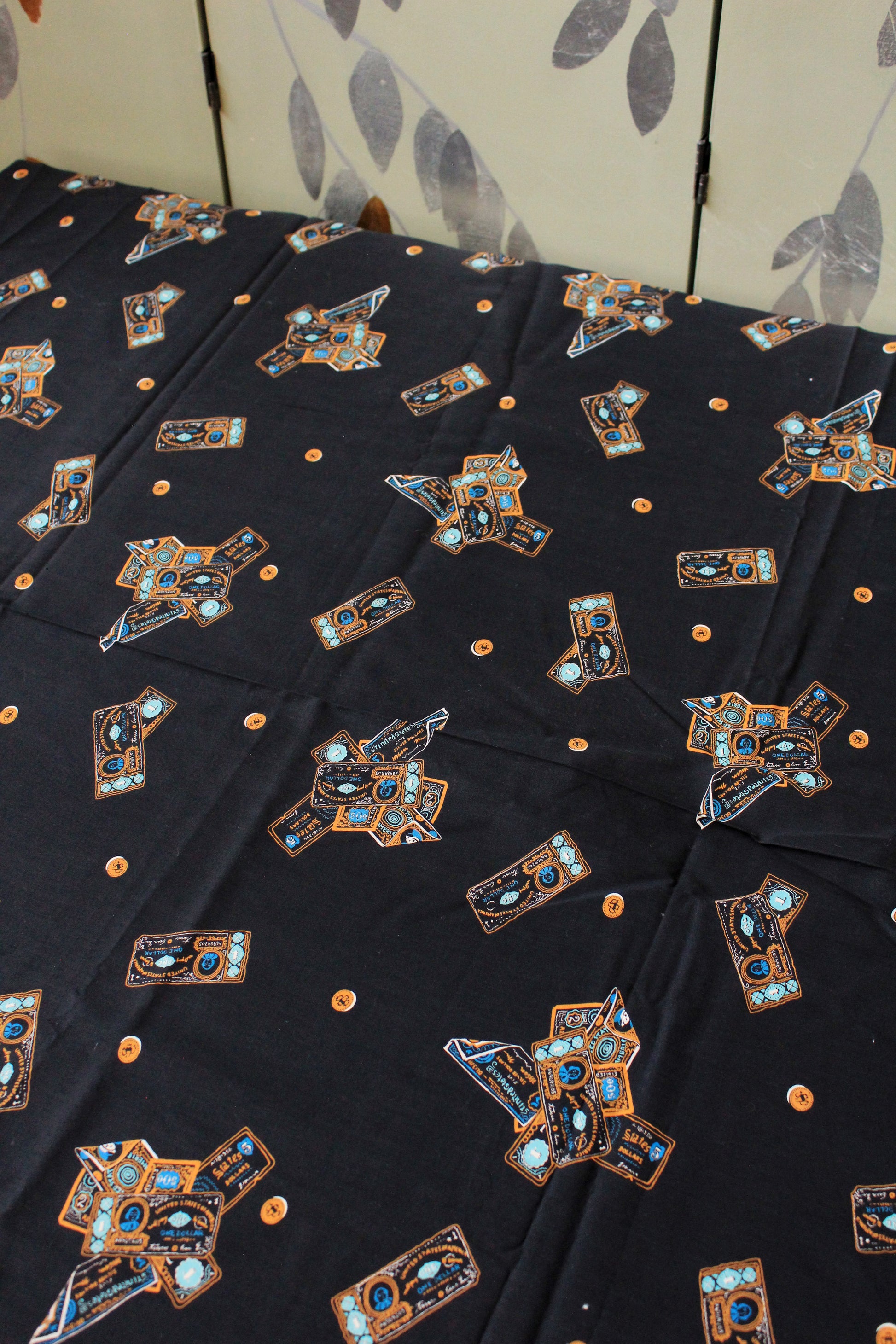 Vintage 1970s Black Cotton Fabric With Novelty USA Dollar Bill Money Print, 4.1 Yards