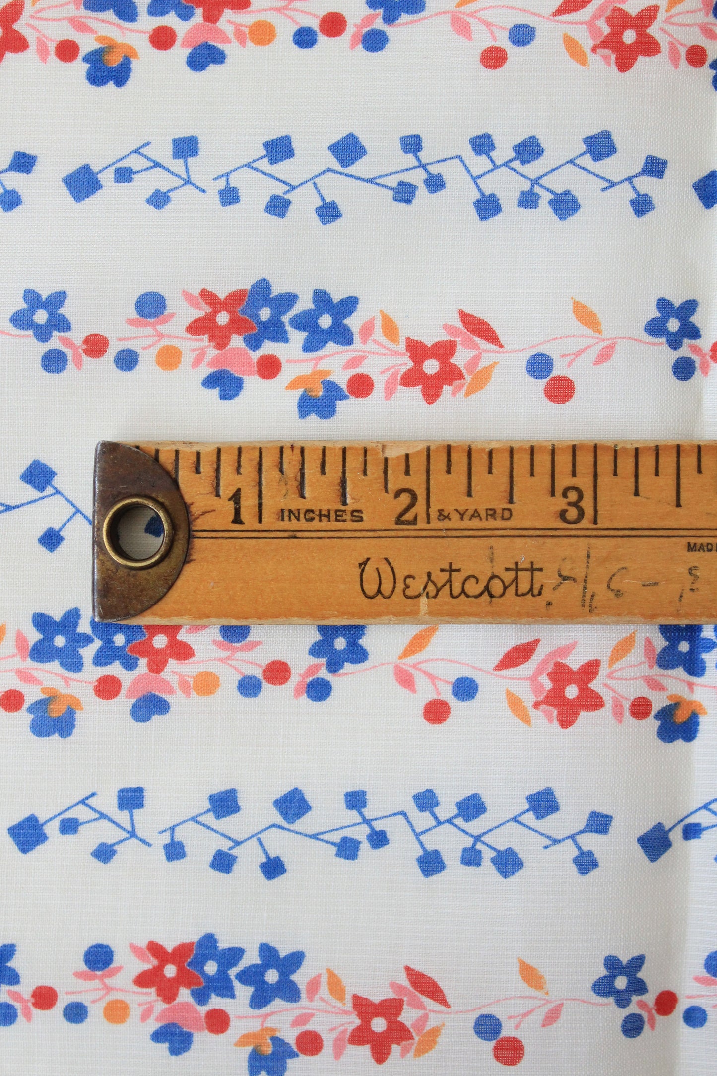 1940s White Cotton Sewing Fabric With Blue And Red Flowers, 3.6 Yards