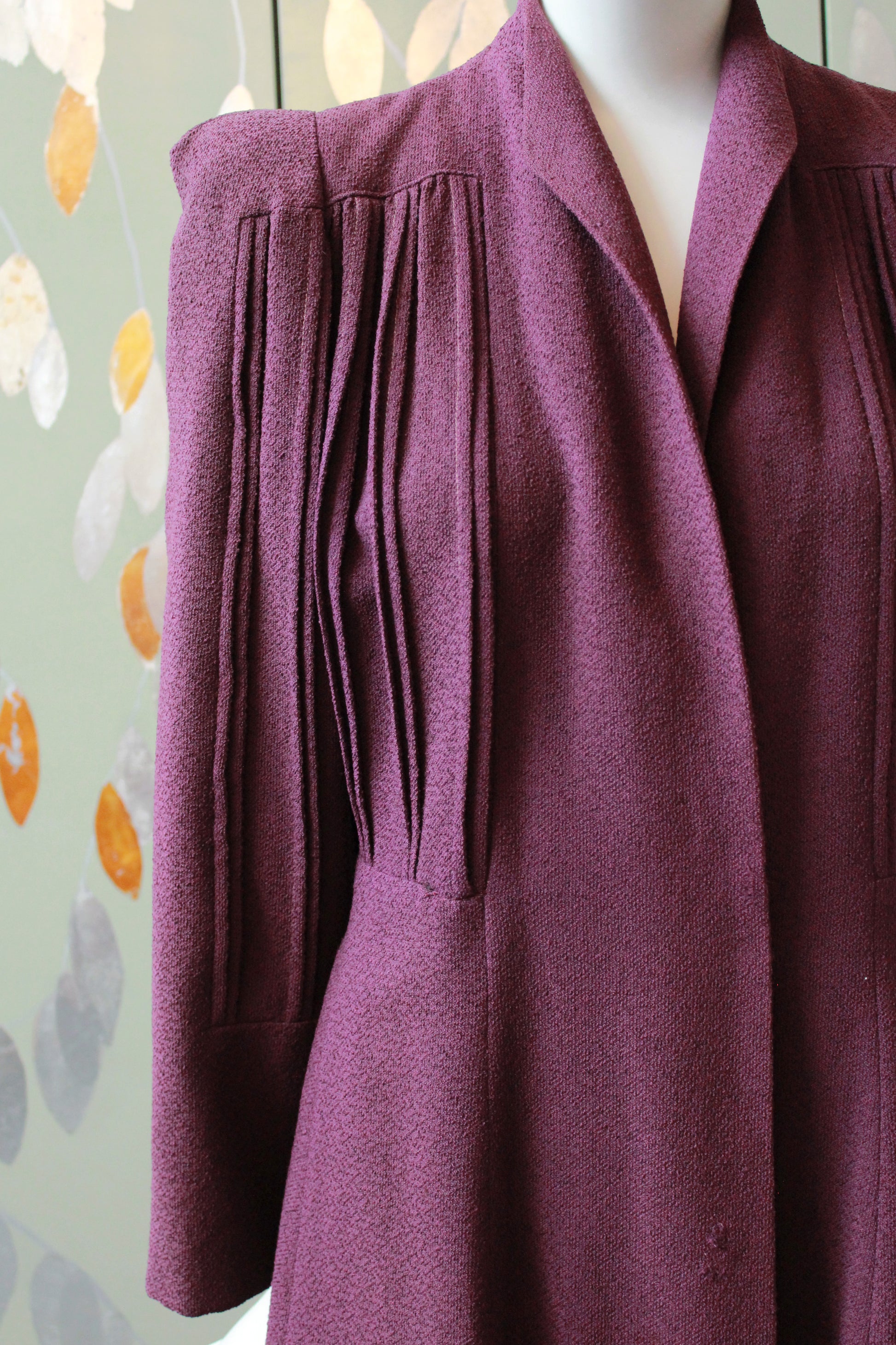 1940s Plum Flared Coat With Pleating And Bell Sleeves , Small 