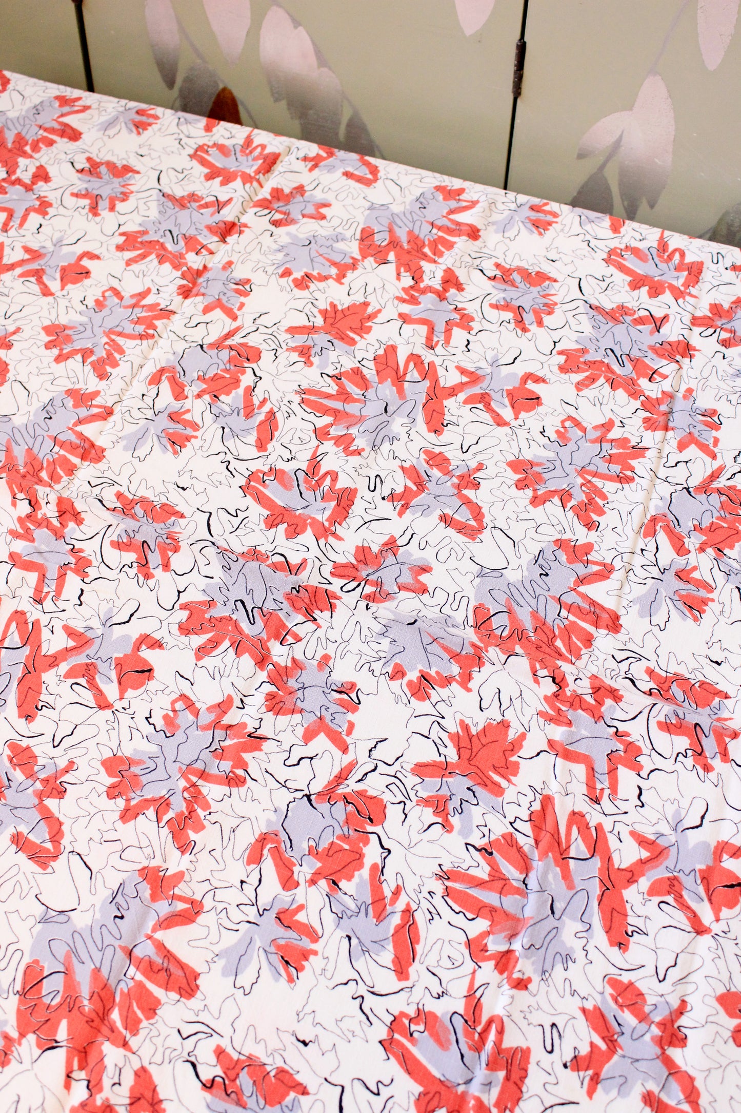 1950s Coral And White Abstract Rayon Fabric, 3 yards