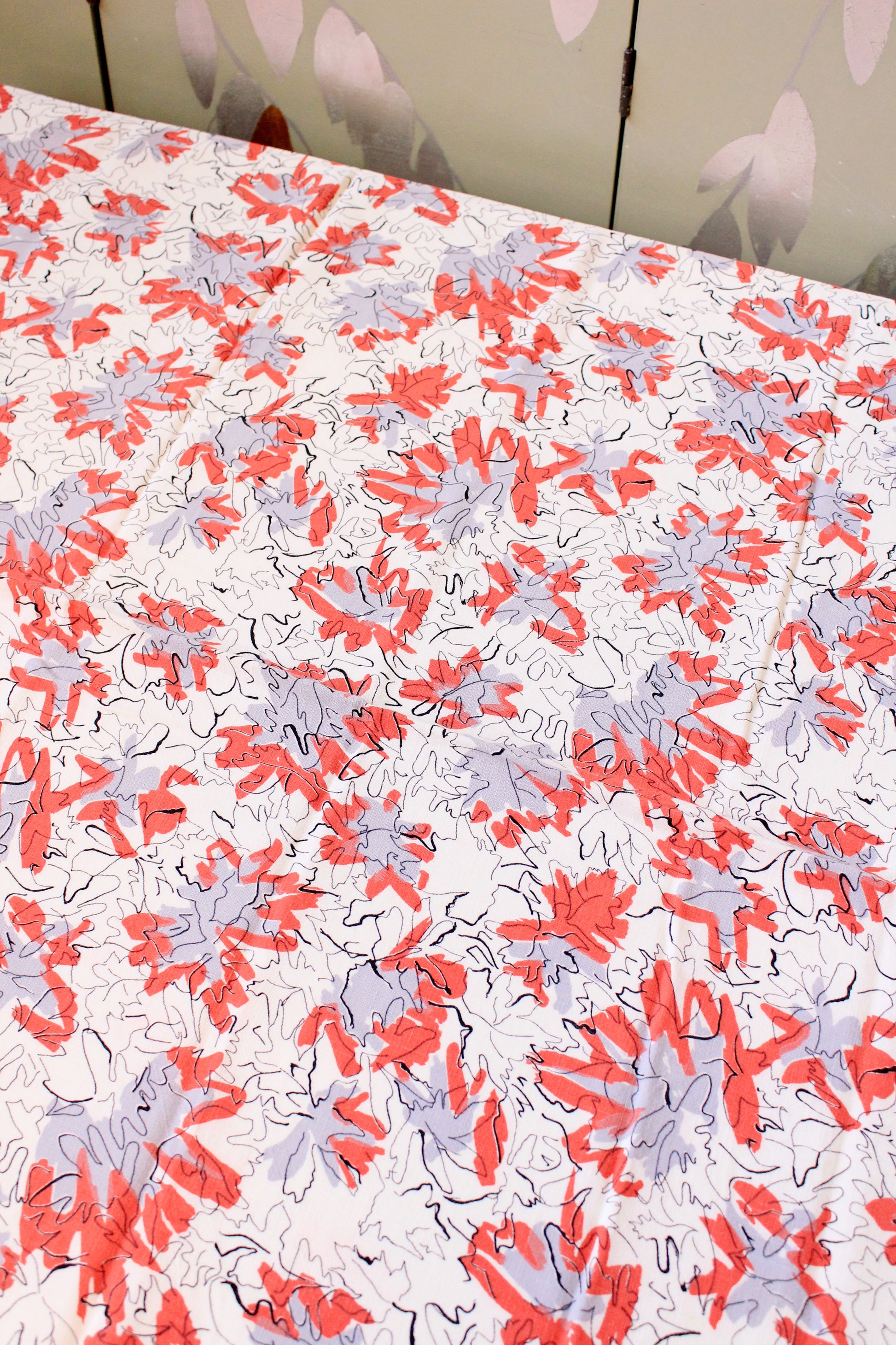1950s Coral And White Abstract Rayon Fabric, 3 yards