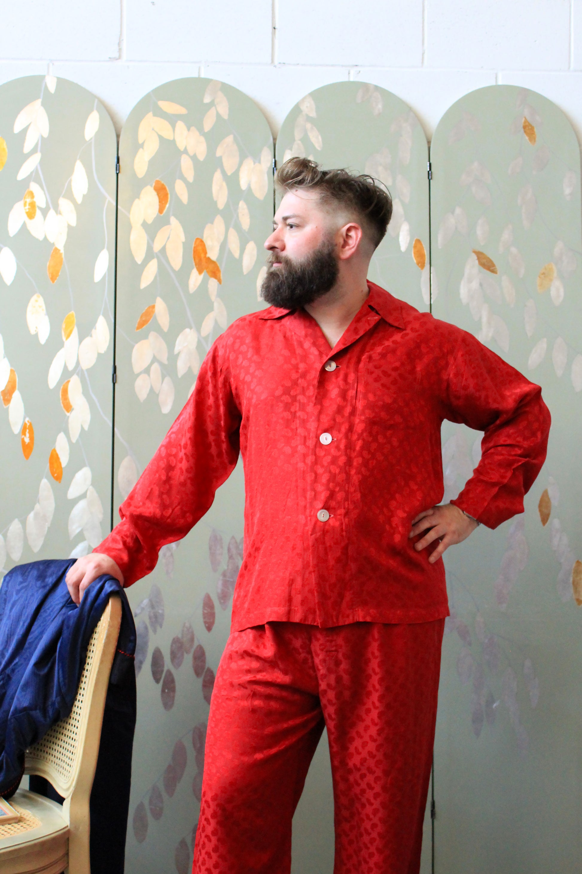 Vintage 1950s Men's Red Satin Damask Pyjama Set, Large 