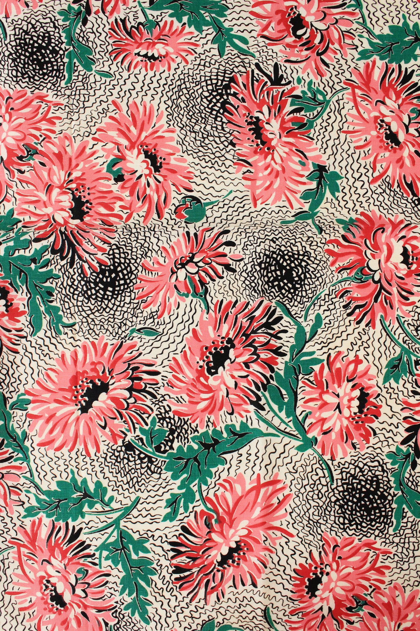  1940s Large Pink Flowers On Black And White Base Cotton Floral Sewing Fabric, 4 Yards