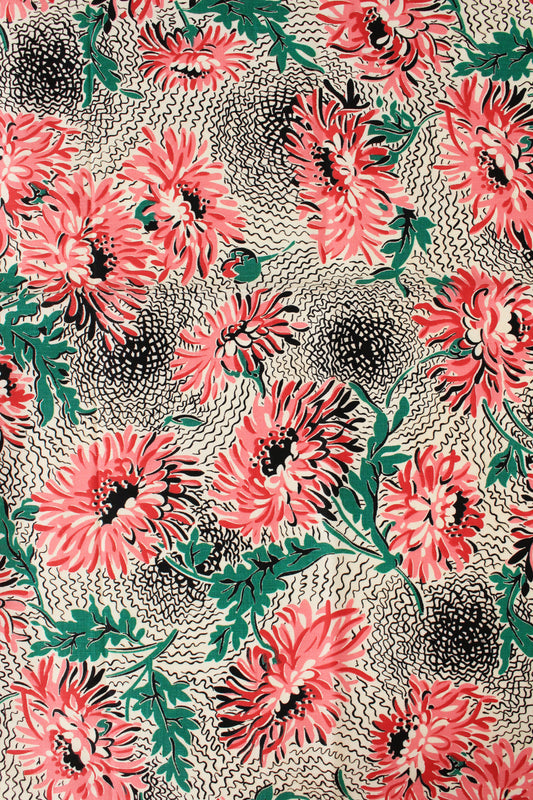  1940s Large Pink Flowers On Black And White Base Cotton Floral Sewing Fabric, 4 Yards