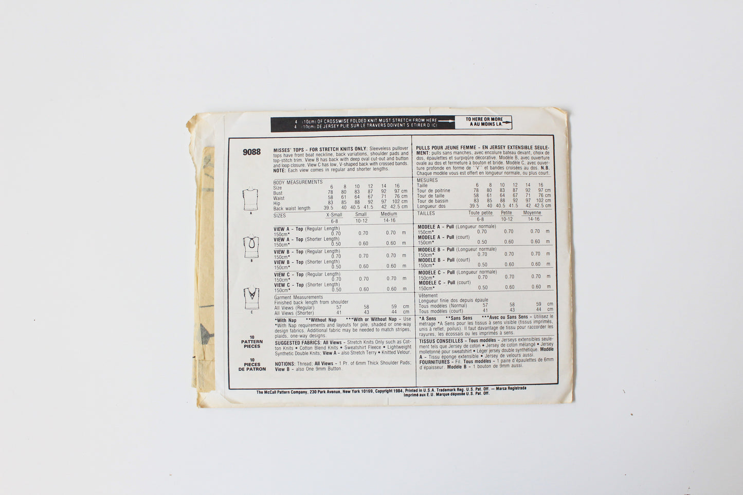 1980s  Easy Sleeveless Brooke Shields Top McCall's 9088 Sewing Pattern, Uncut Size XS 6-8