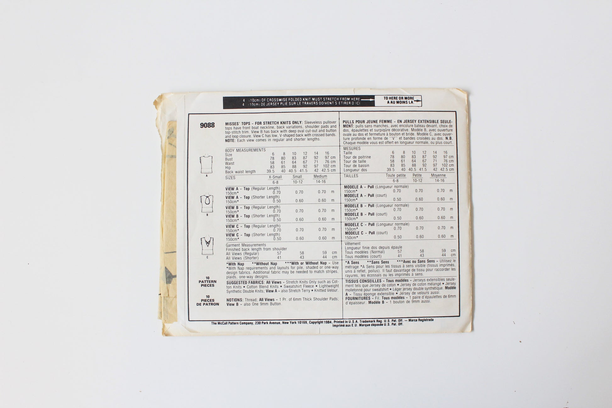 1980s  Easy Sleeveless Brooke Shields Top McCall's 9088 Sewing Pattern, Uncut Size XS 6-8