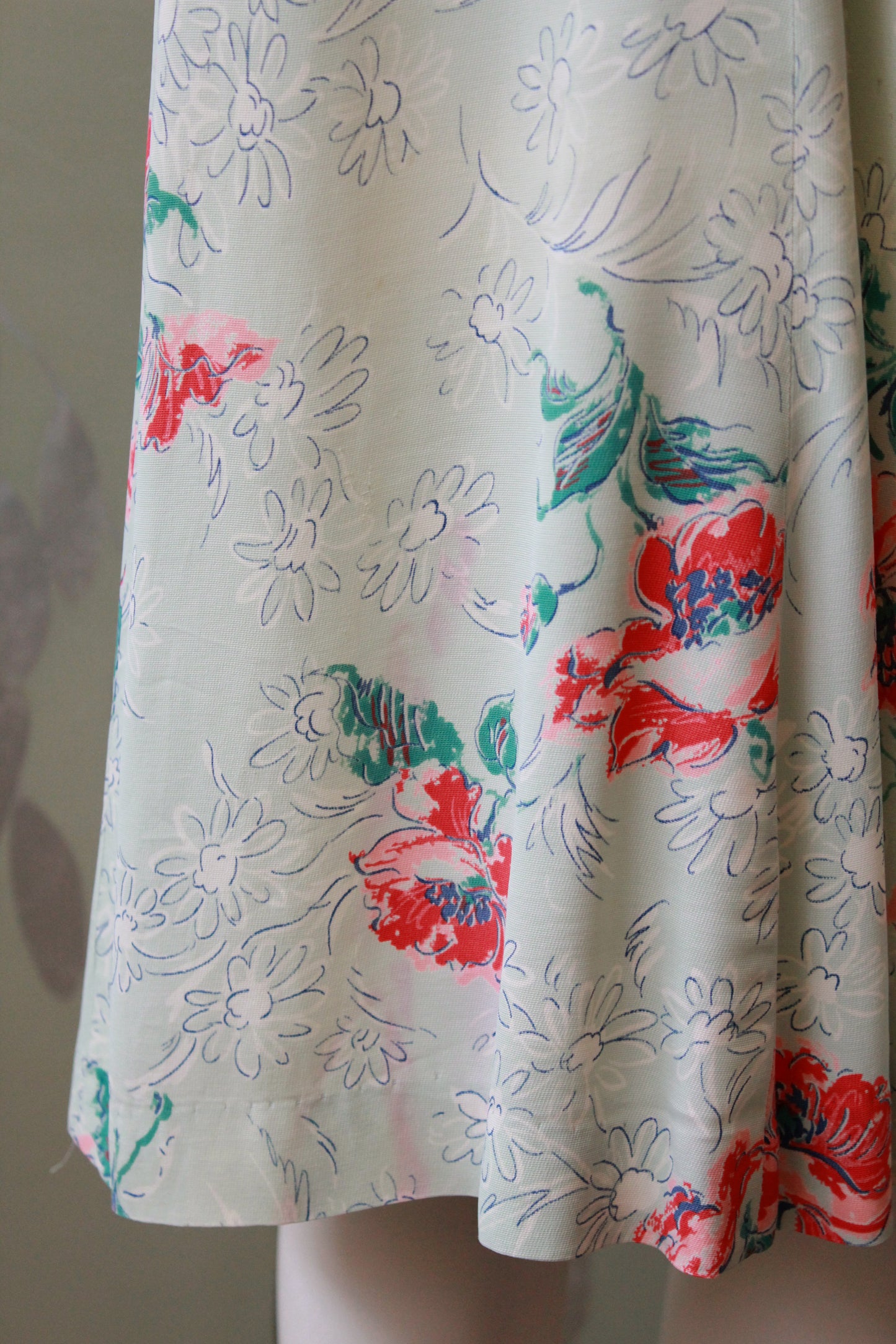 1940s  Pastel Teal Rayon Dress With Coral Flowers, Small/Medium 