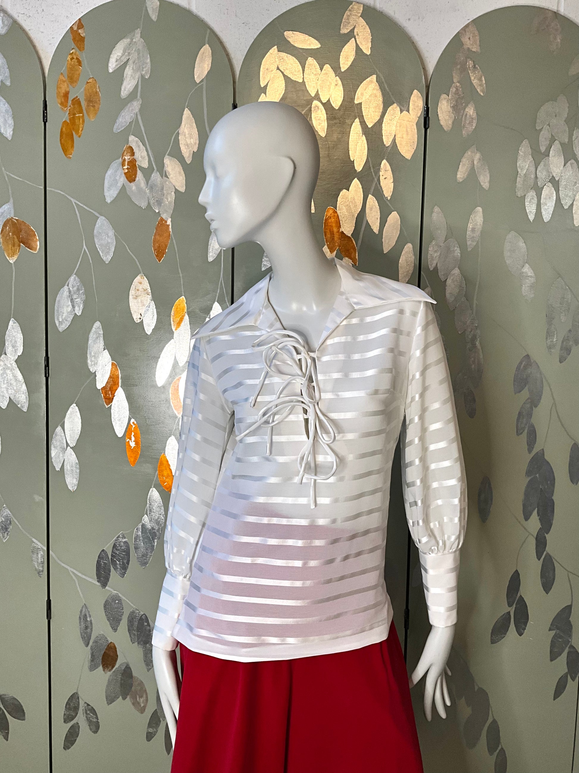 Vintage 1970s Sheer White Striped Wide Collar Lace Up Blouse, Medium 