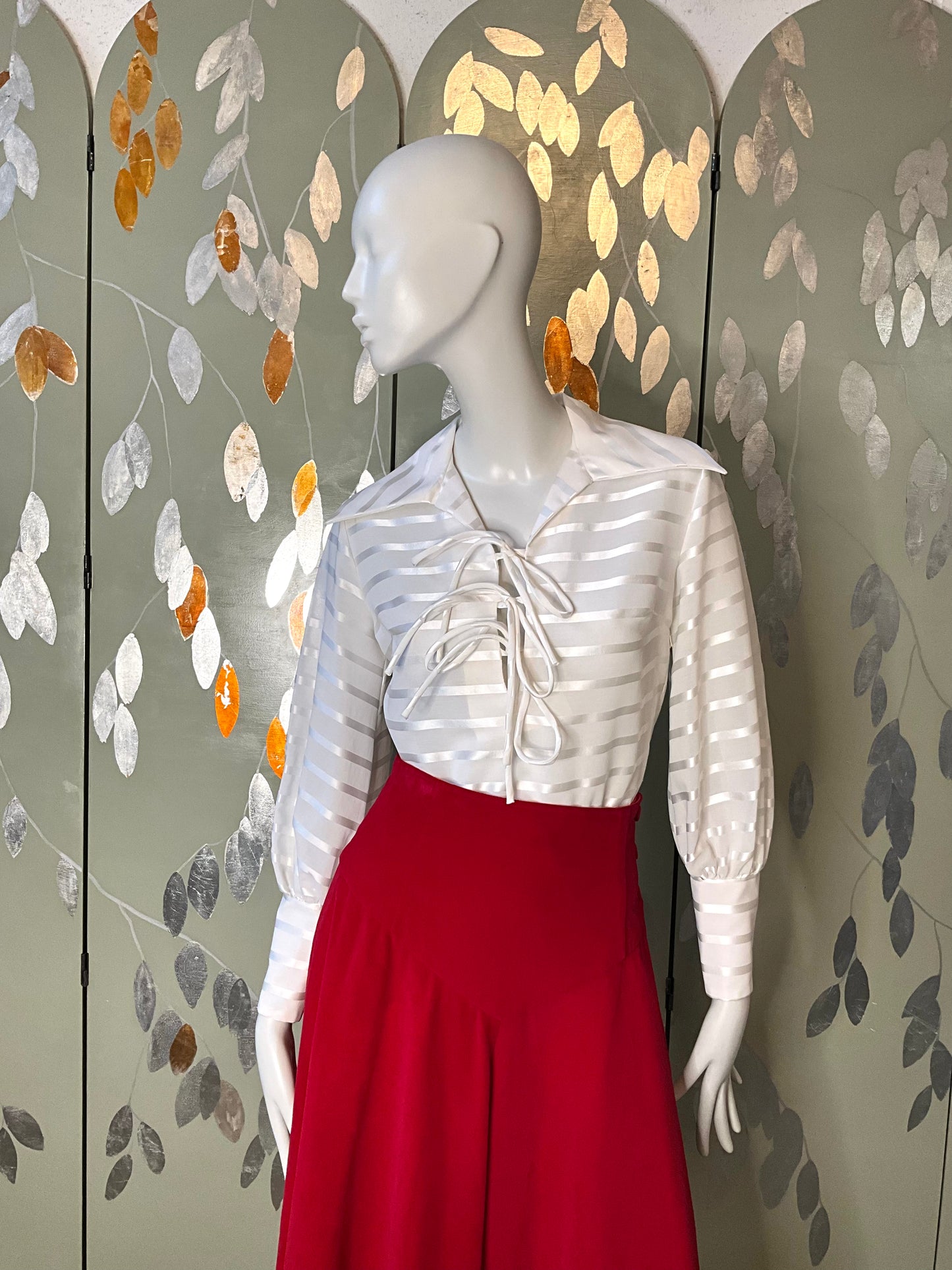 Vintage 1970s Sheer White Striped Wide Collar Lace Up Blouse, Medium 