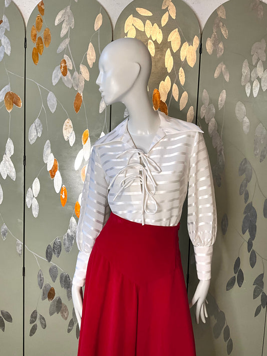 Vintage 1970s Sheer White Striped Wide Collar Lace Up Blouse, Medium 