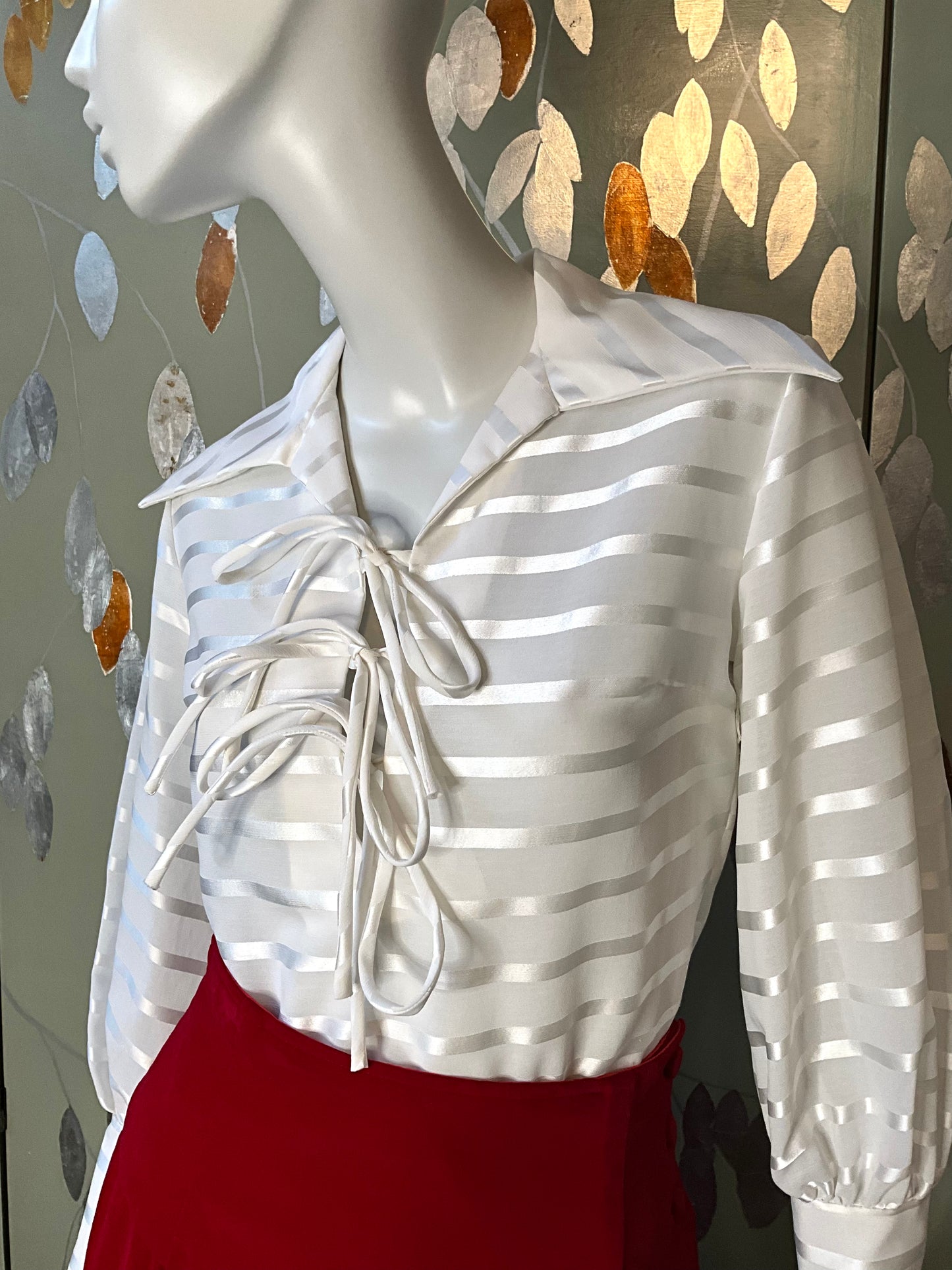 Vintage 1970s Sheer White Striped Wide Collar Lace Up Blouse, Medium 