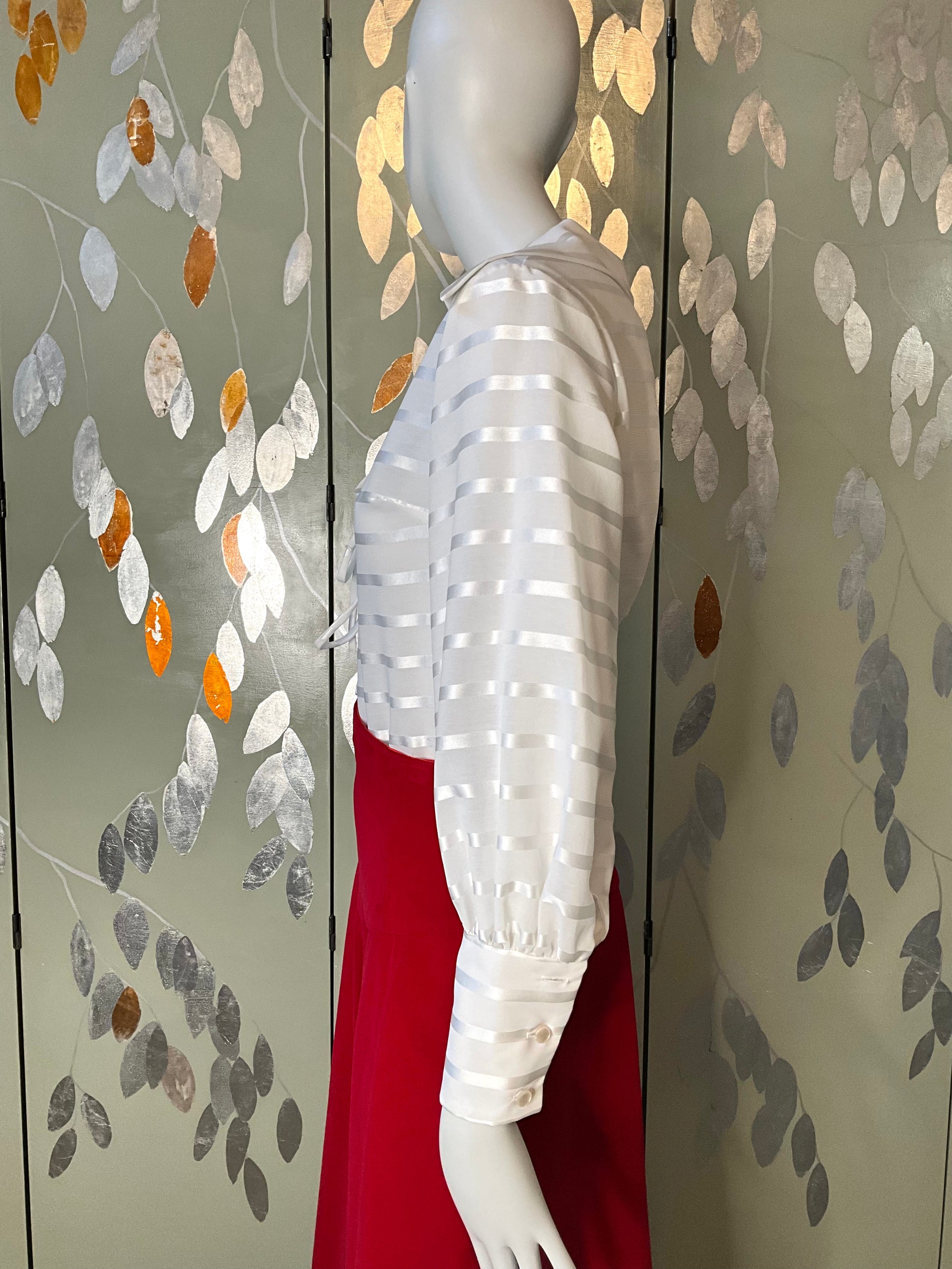 Vintage 1970s Sheer White Striped Wide Collar Lace Up Blouse, Medium 