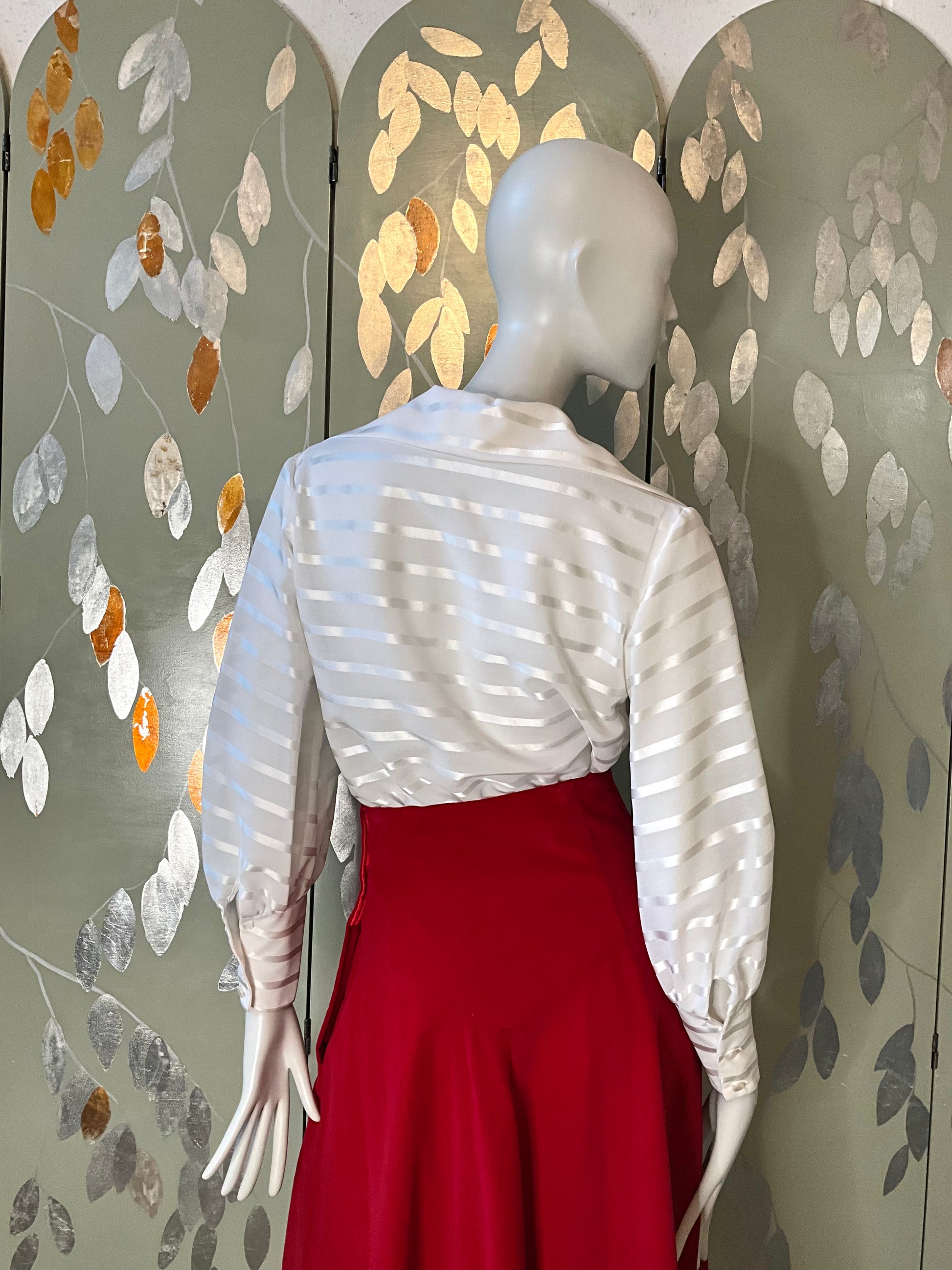 Vintage 1970s Sheer White Striped Wide Collar Lace Up Blouse, Medium 