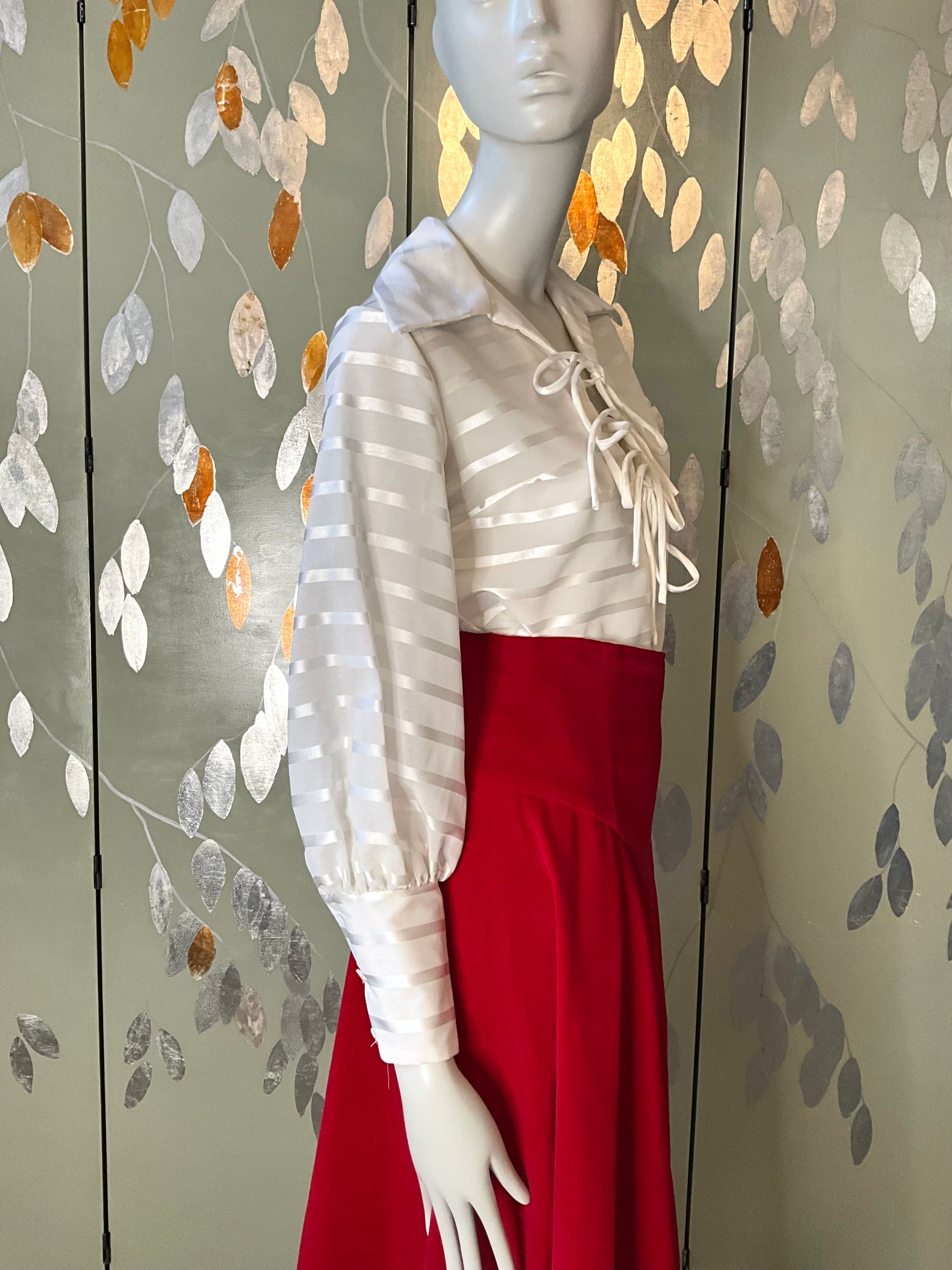 Vintage 1970s Sheer White Striped Wide Collar Lace Up Blouse, Medium 